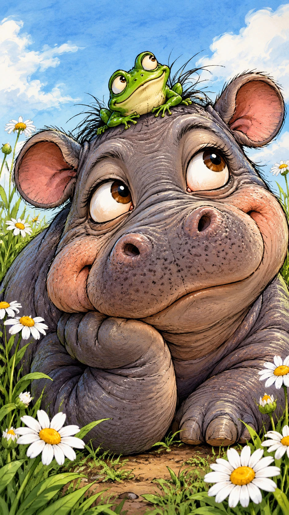 Adorable hippopotame de dessin animé se reposant parmi de simples marguerites blanches