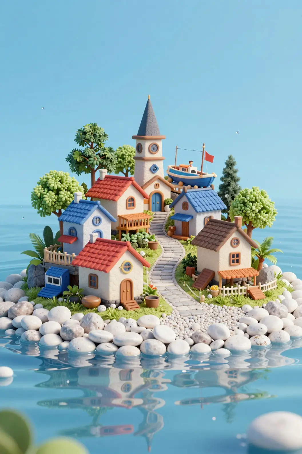 Miniature fishing village on pebbles by clear water