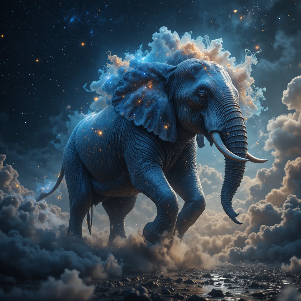 Elefante Celestial Galopando por Nuvens Douradas no Espaço