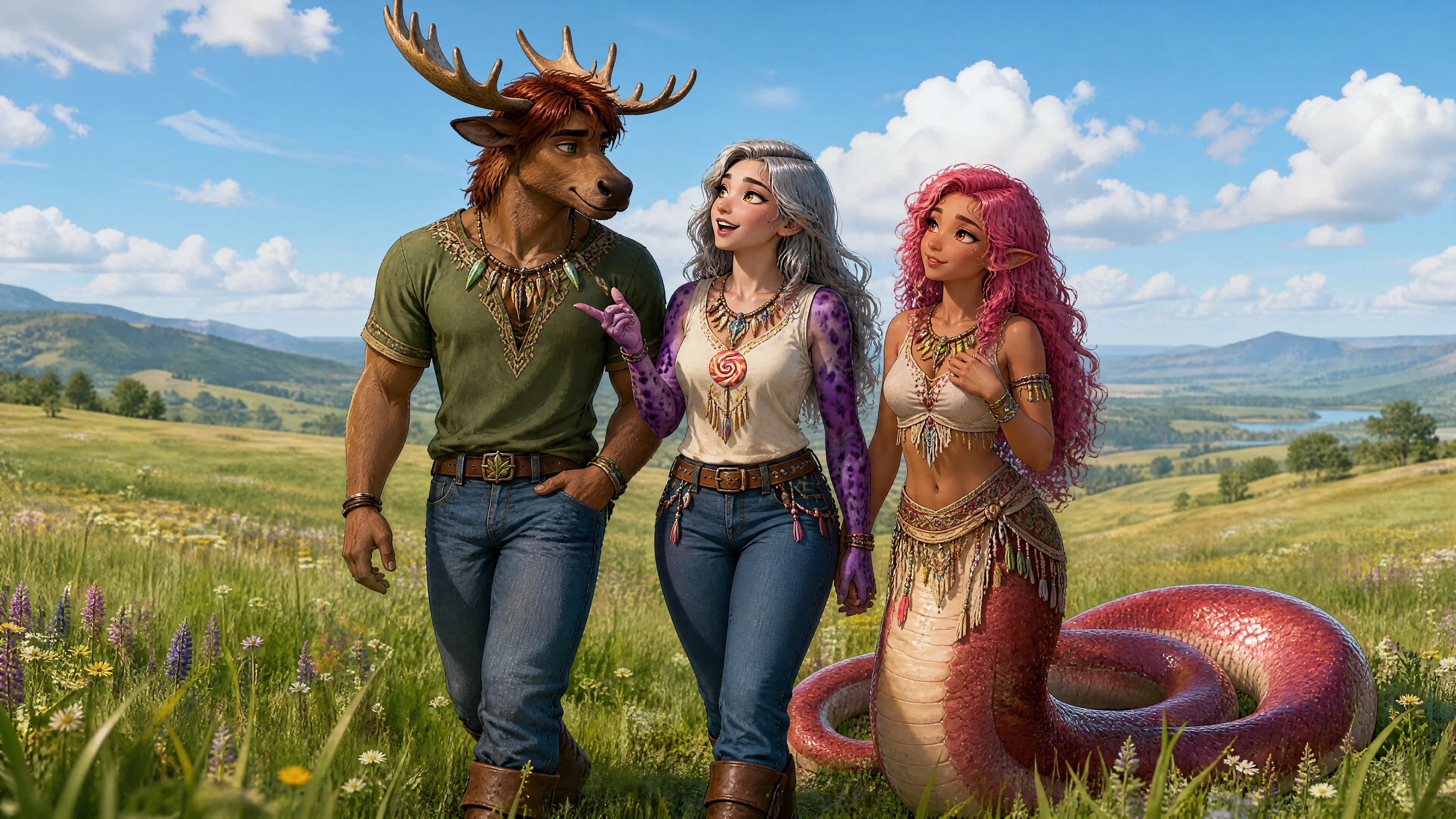 Fantasy friends talking together in a wide grassland field