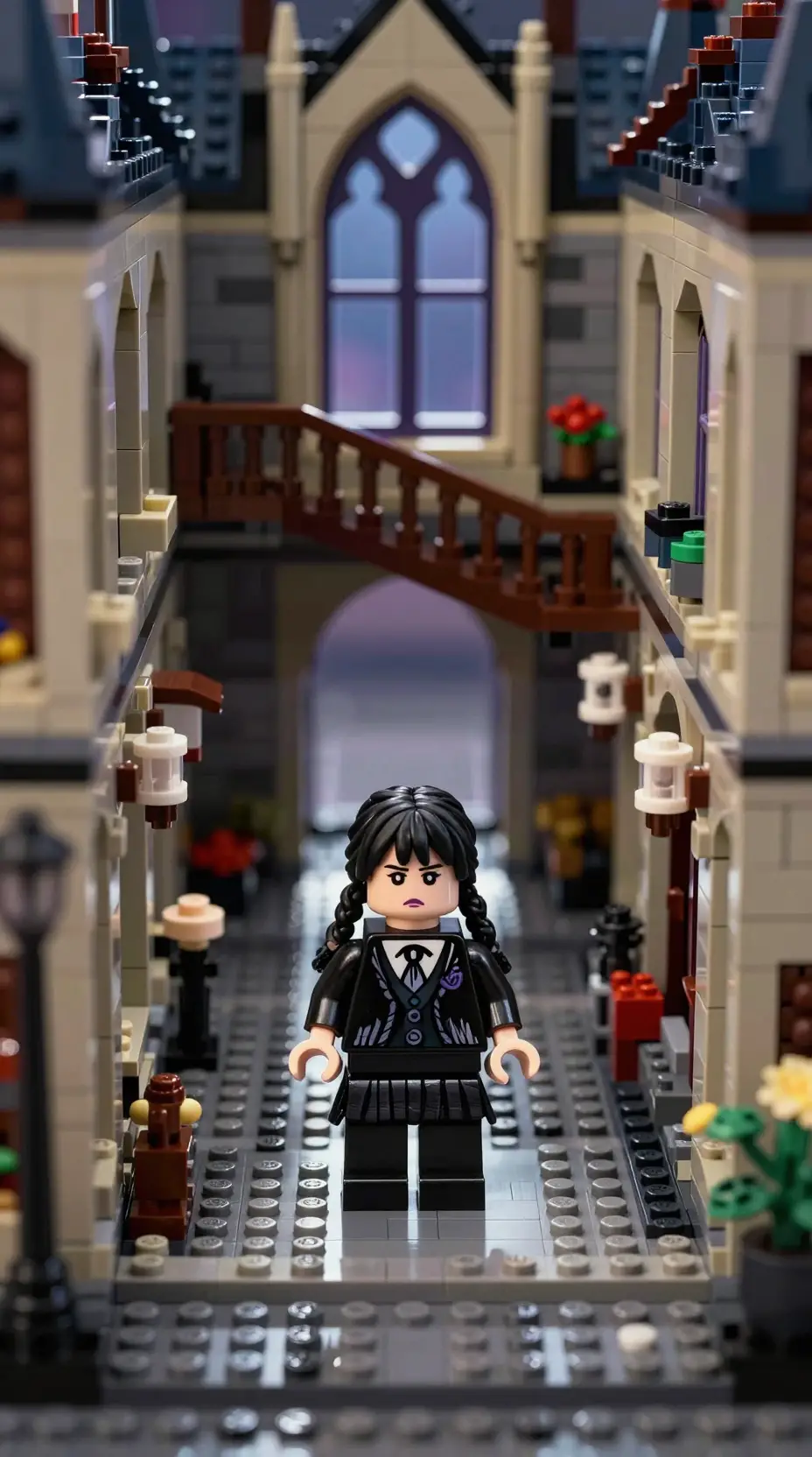Lego girl in gothic school uniform in grand hallway
