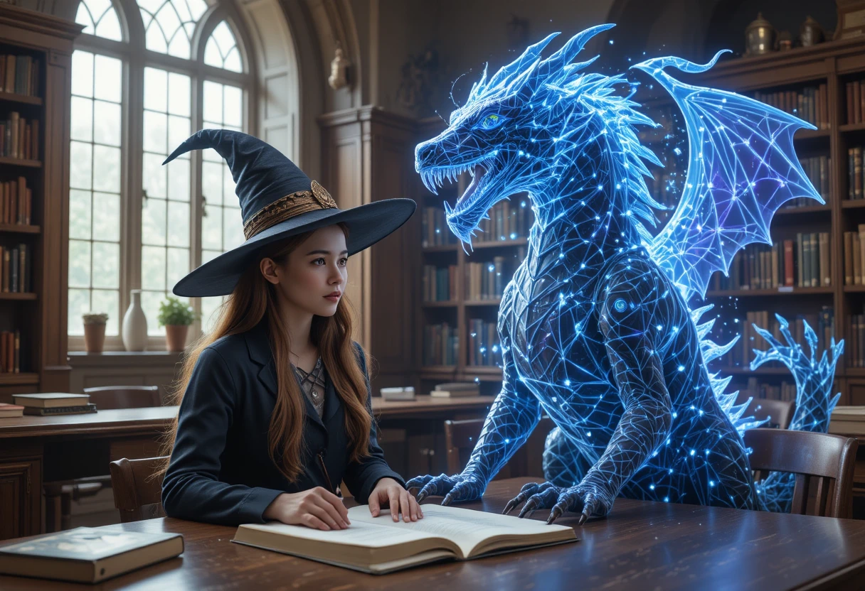 Jovem bruxa estudando com mantícora holográfica na biblioteca