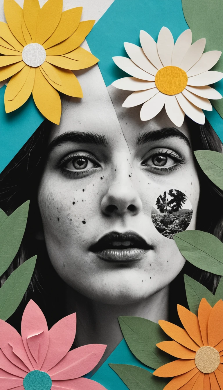Retrato surreal em colagem com margarida e fluxo de arco-íris