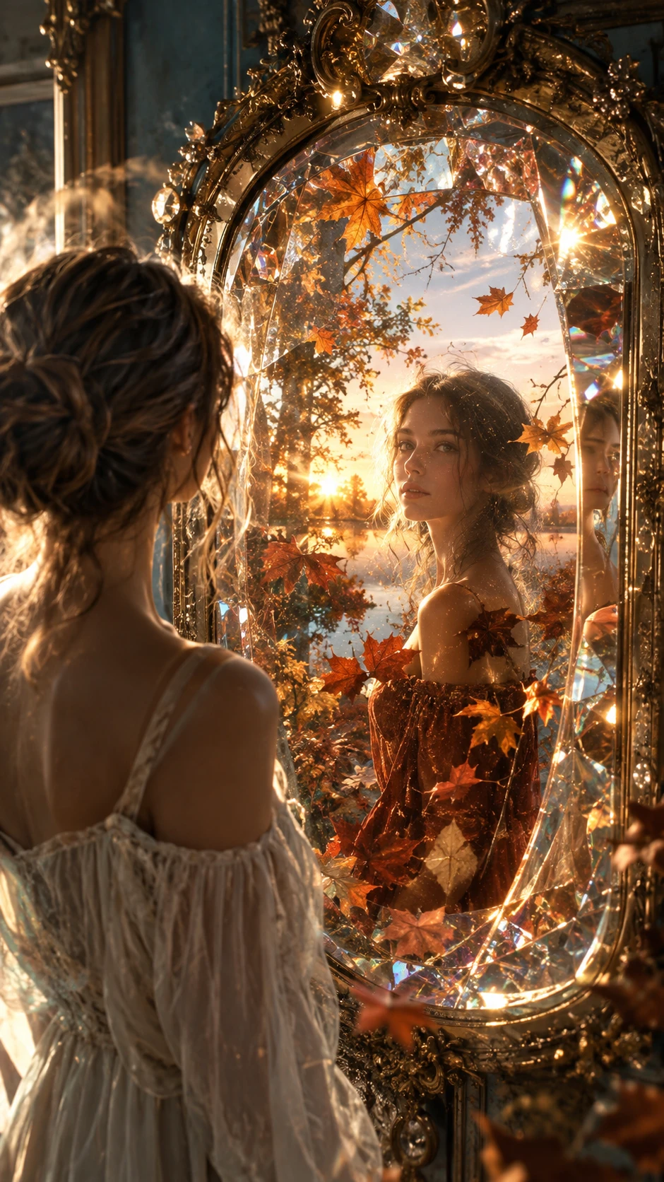 Woman Facing Antique Mirror With Surreal Autumn Reflection