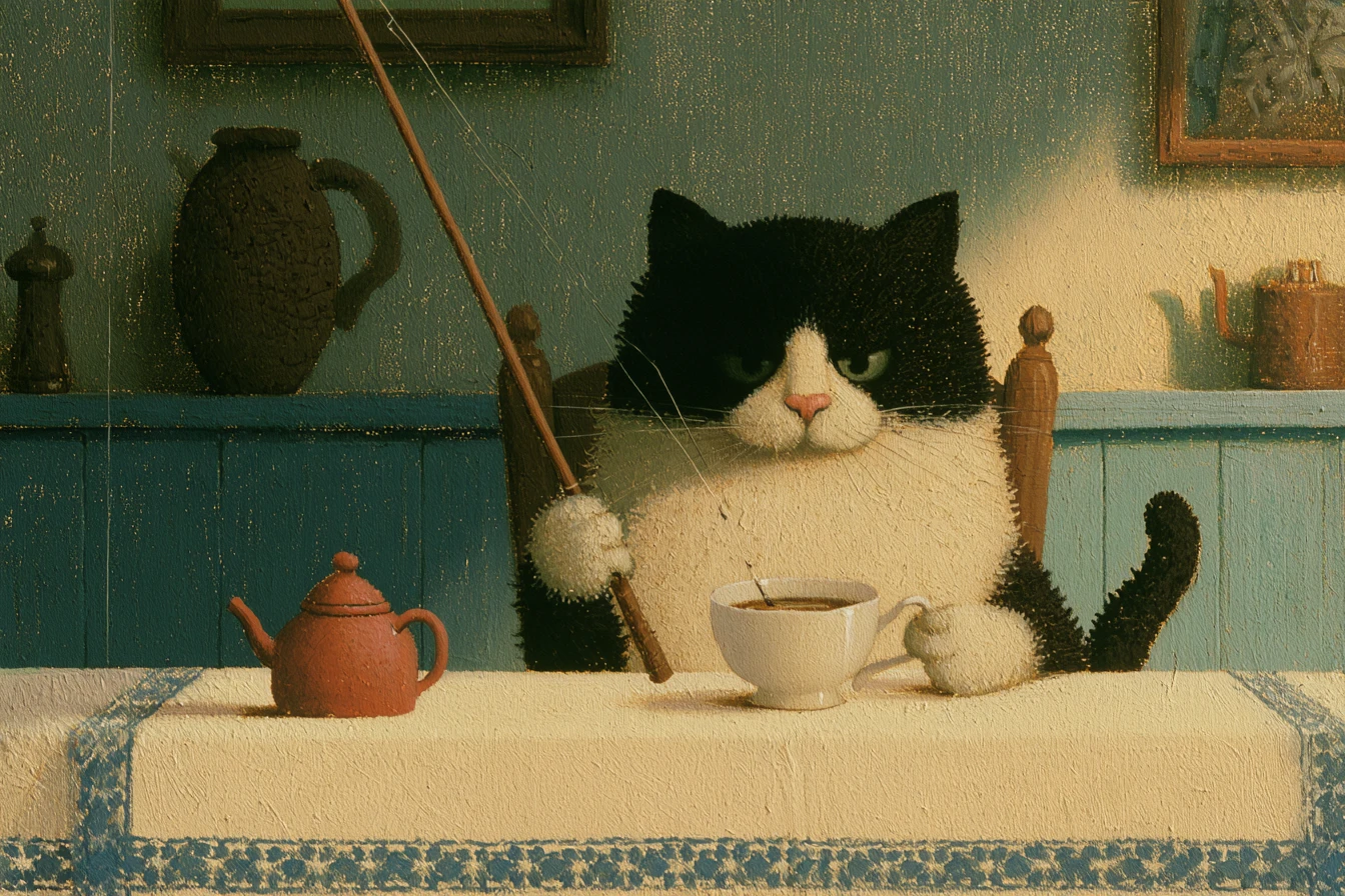 Gato surreal pescando em uma xícara de chá na mesa da cozinha