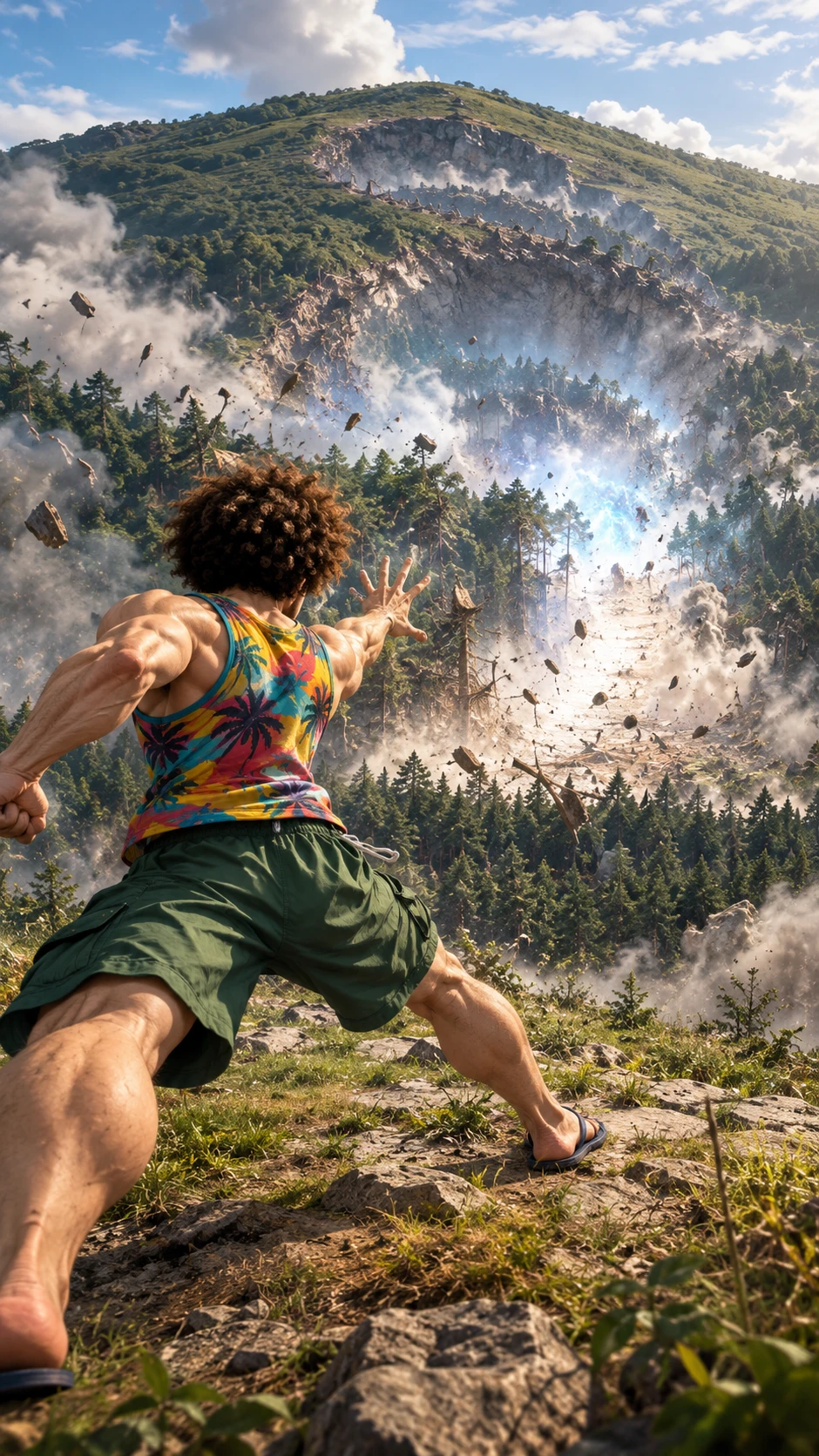 Guerreiro super casual desencadeando uma explosão colossal na floresta