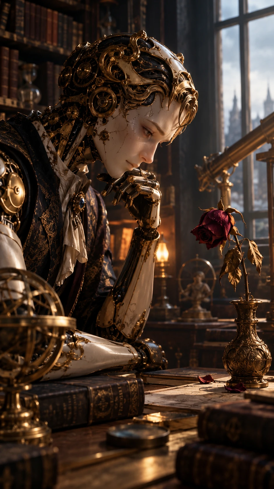 Autómata steampunk contemplando una rosa marchita en el estudio