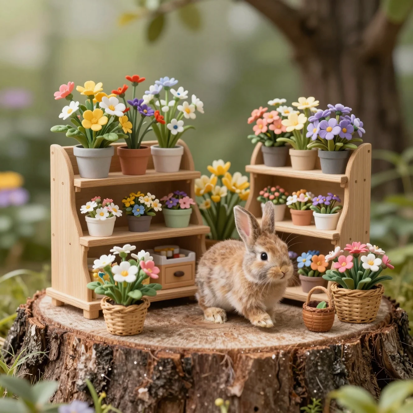 Coelhinhos minúsculos comandando uma floricultura dentro de um toco de árvore
