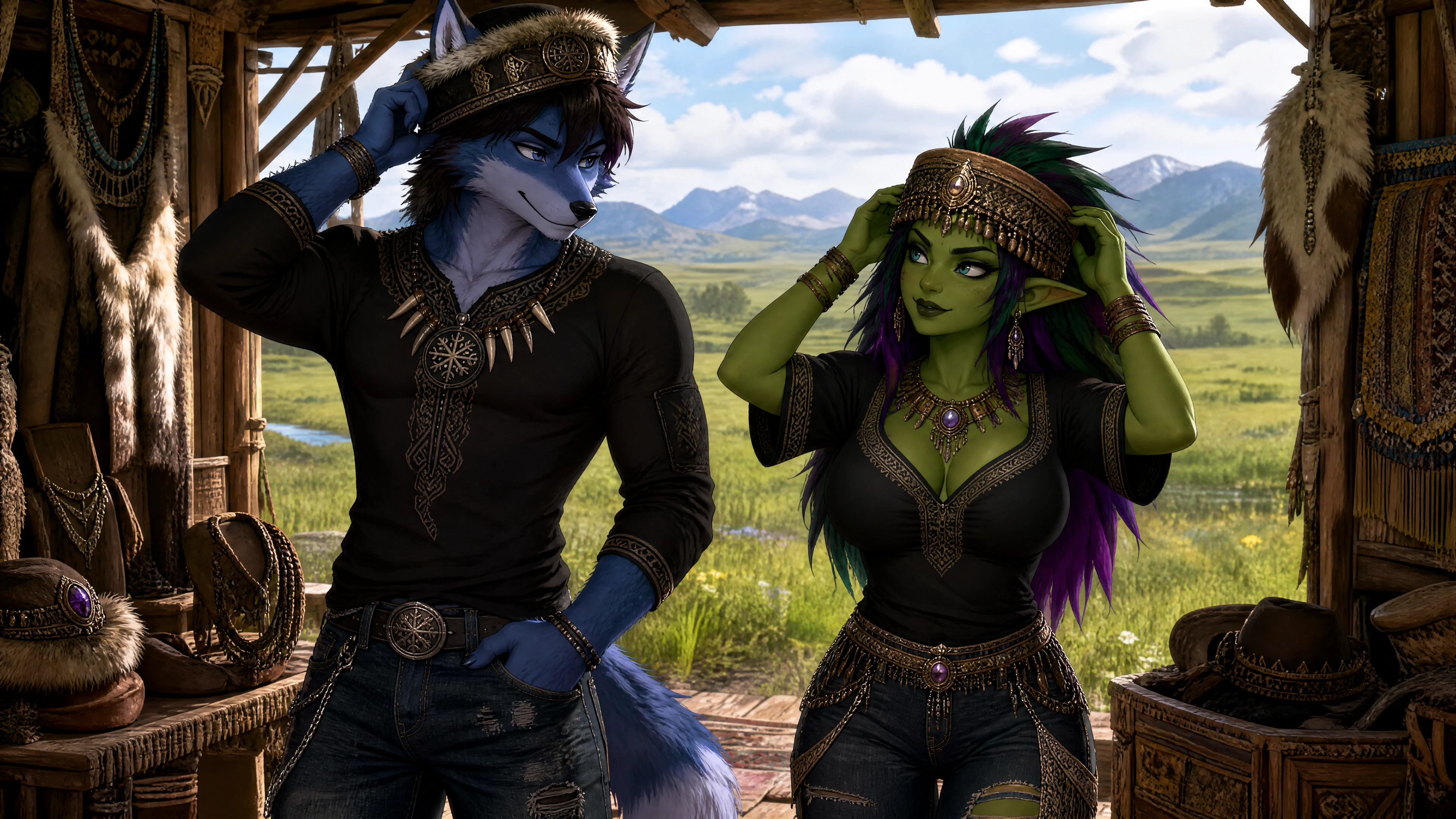 Coppia fantasy che prova cappelli tribali in una capanna nella prateria