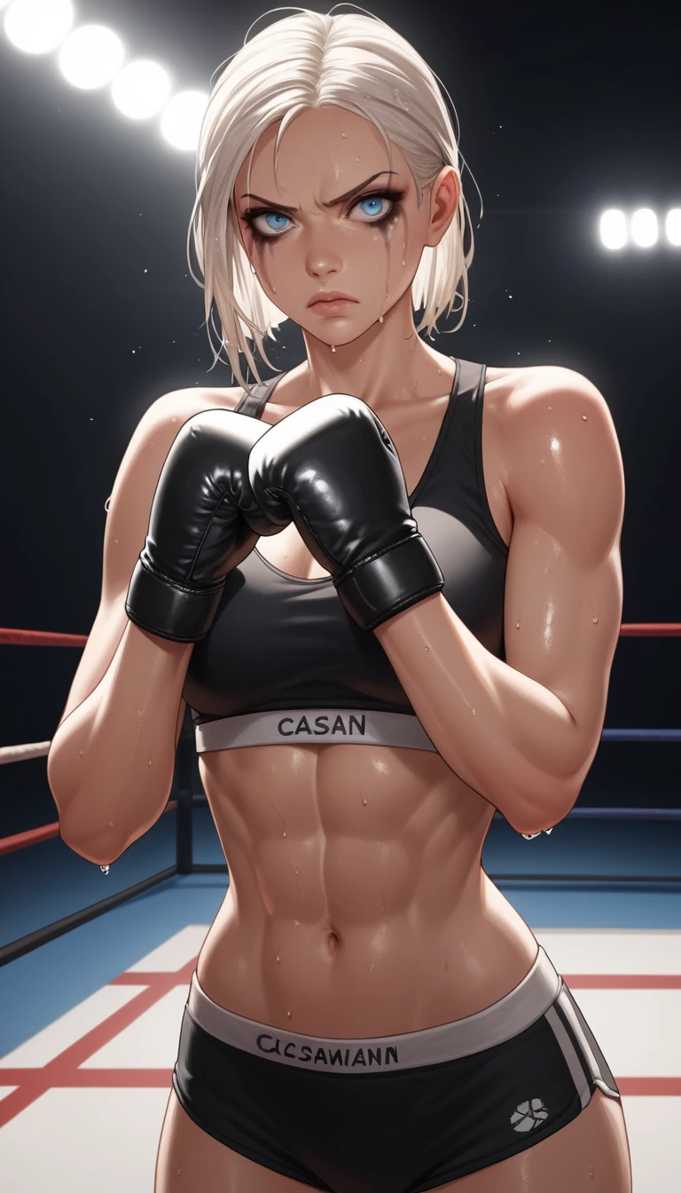 Sweaty Female Boxer In Defensive Stance Facing Camera