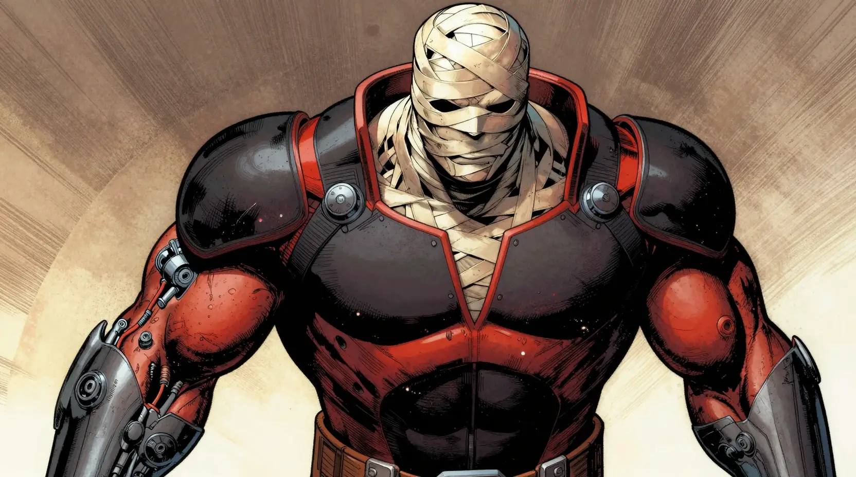 Bandaged powerhouse superhero in dramatic comic book style
