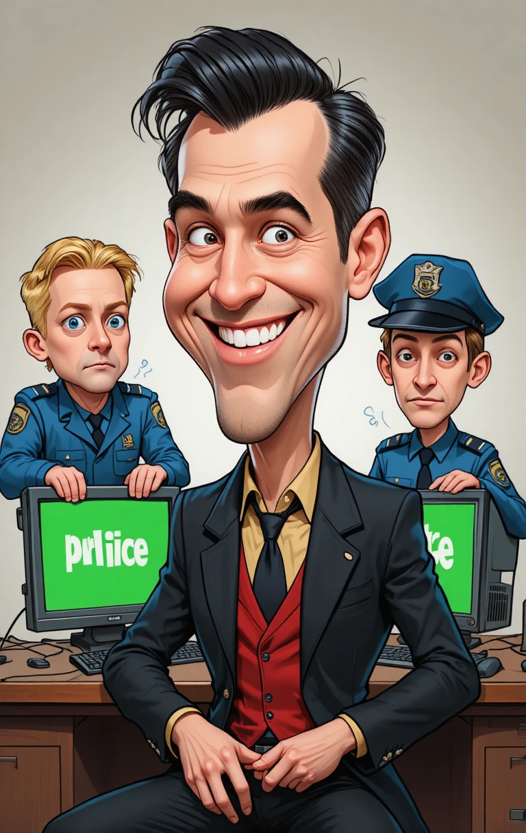Cartoon man smirking beside puzzled police at computer