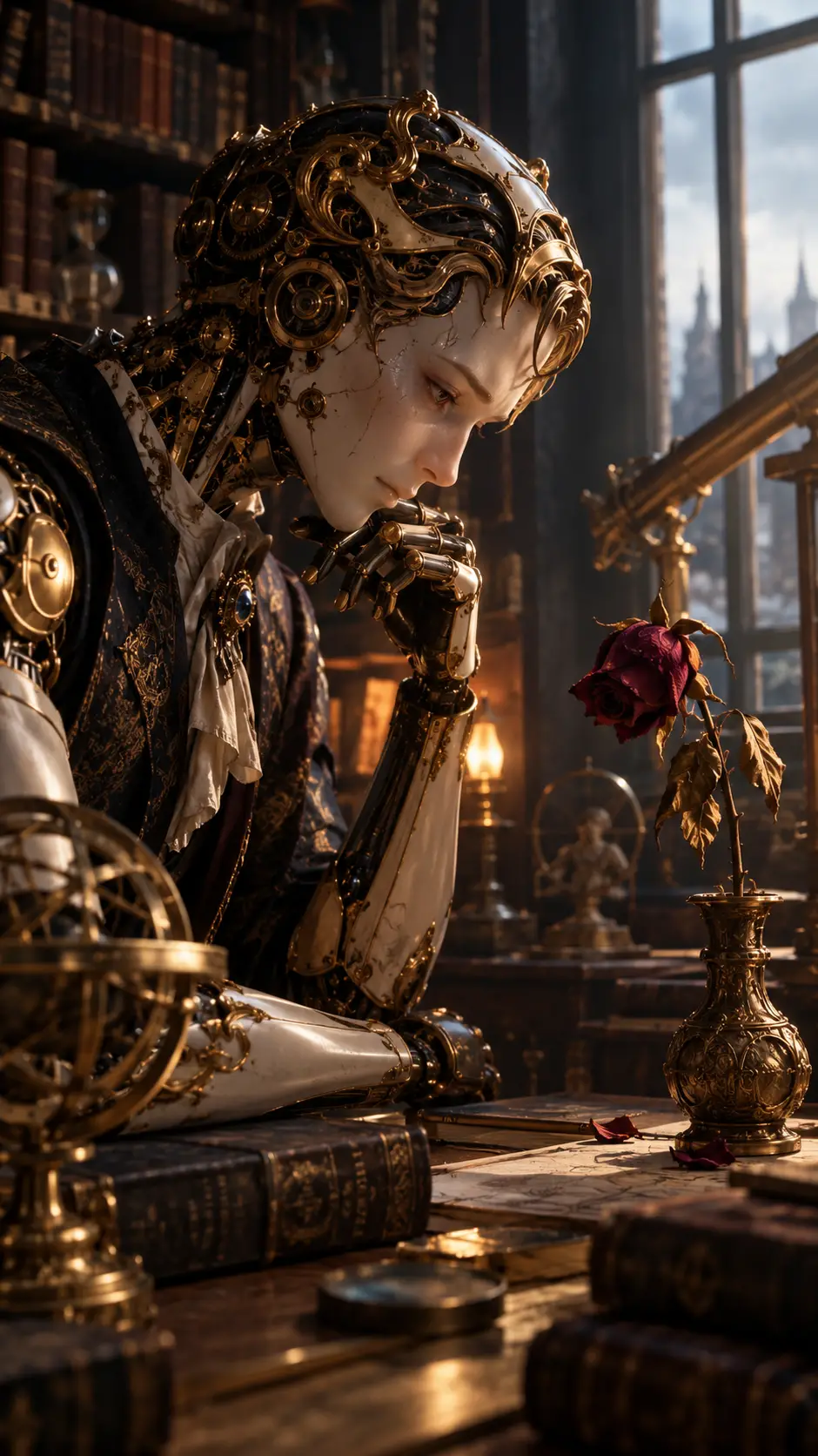 Automato steampunk contemplando uma rosa murcha no escritório