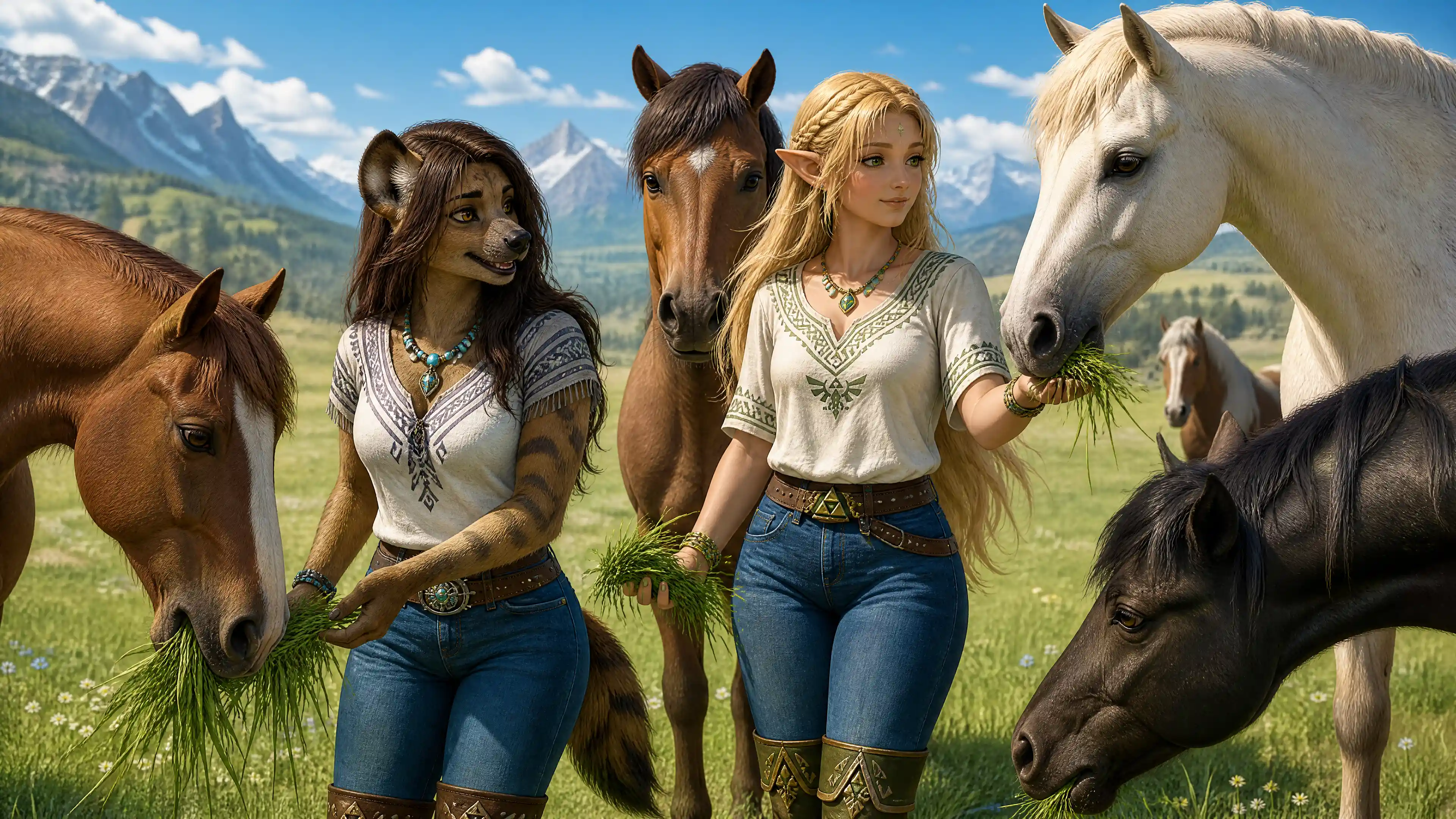 Two fantasy women feeding horses on open grassland