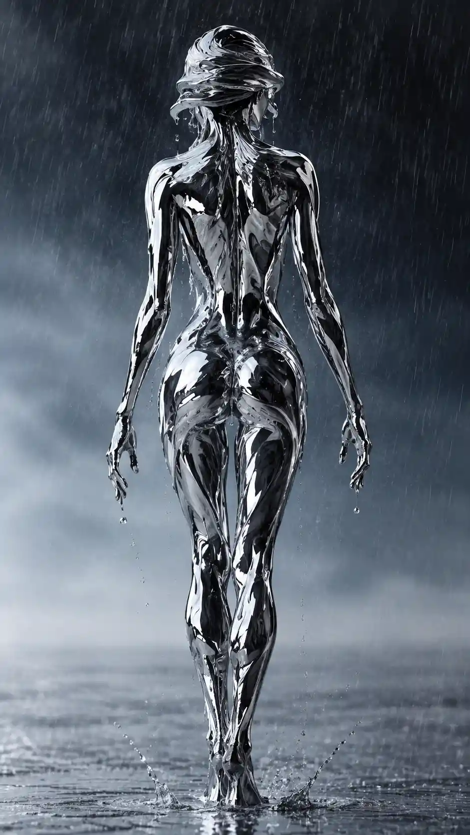 Rear view of a slender woman made of liquid mercury