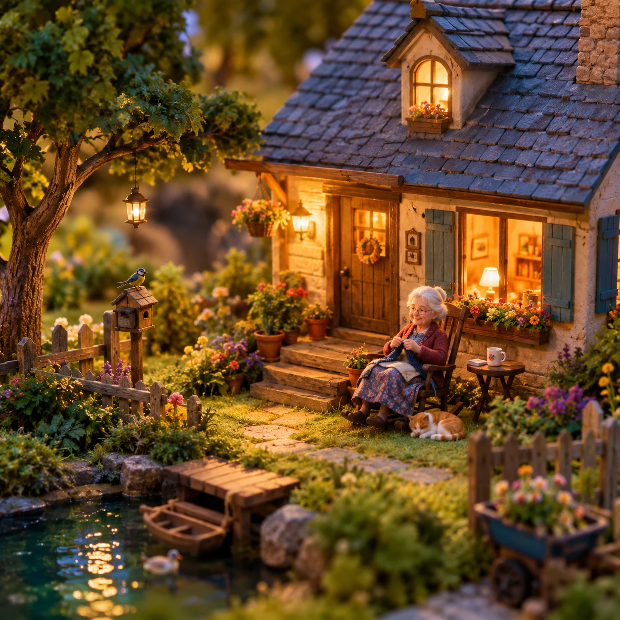 Casa em miniatura aconchegante com vovó na cadeira de balanço
