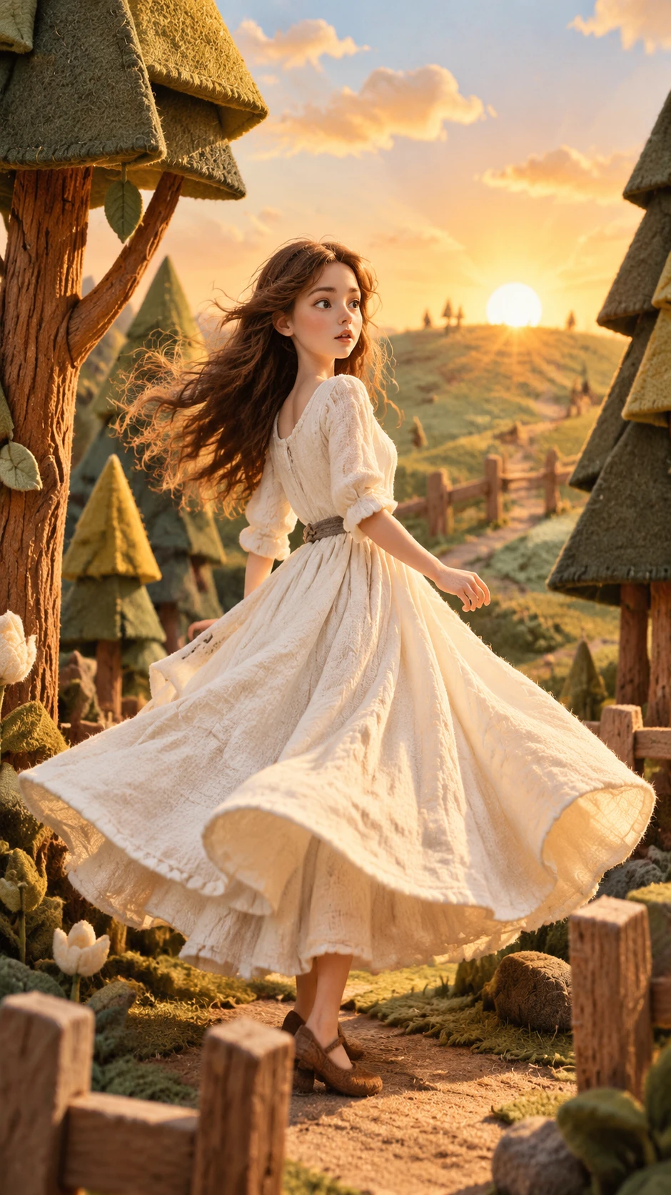 Young woman twirling in a handmade fabric diorama world