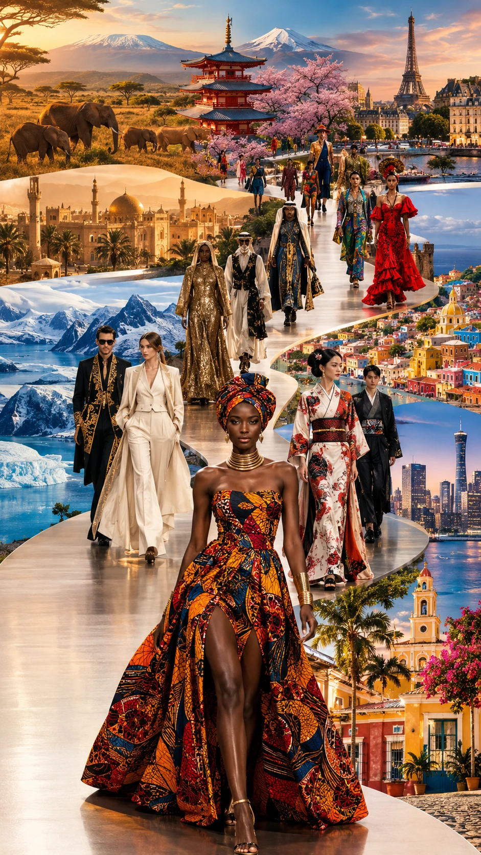 Passarela global de modelos de moda cruzando paisagens diversas ao redor do mundo