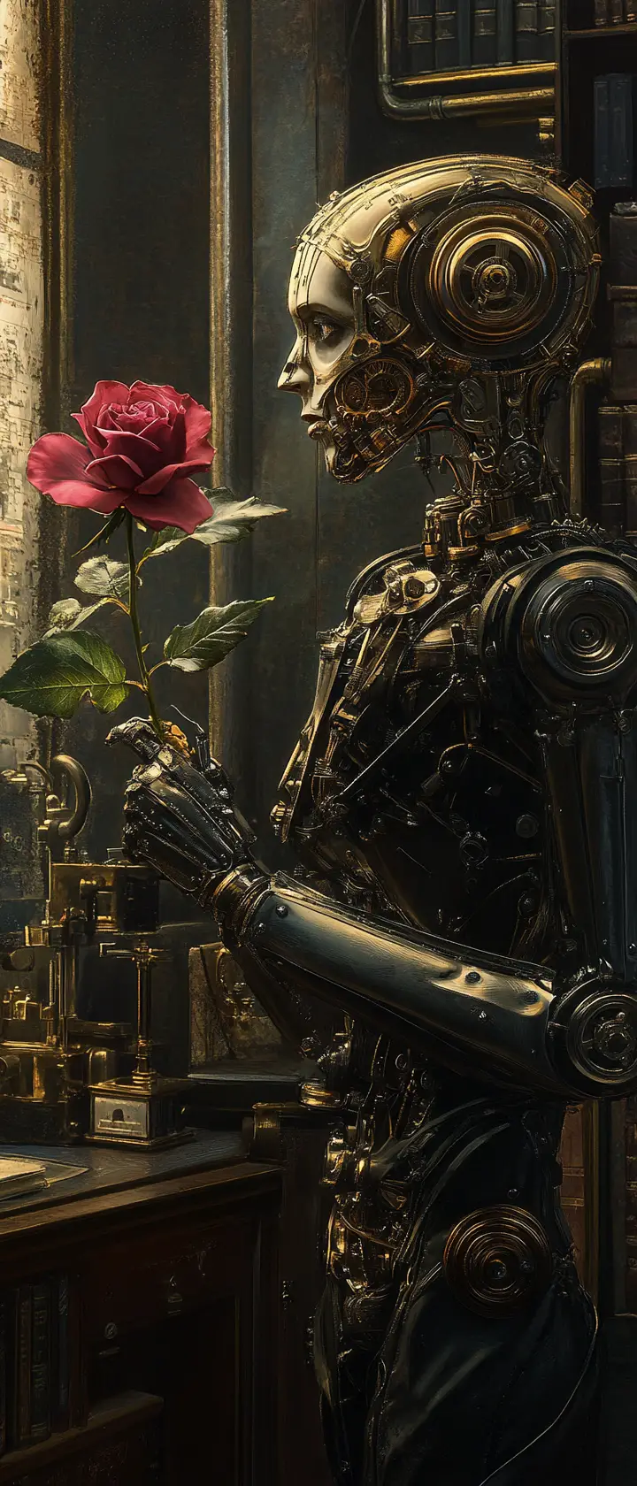 Autômato steampunk contemplando uma rosa murcha no escritório