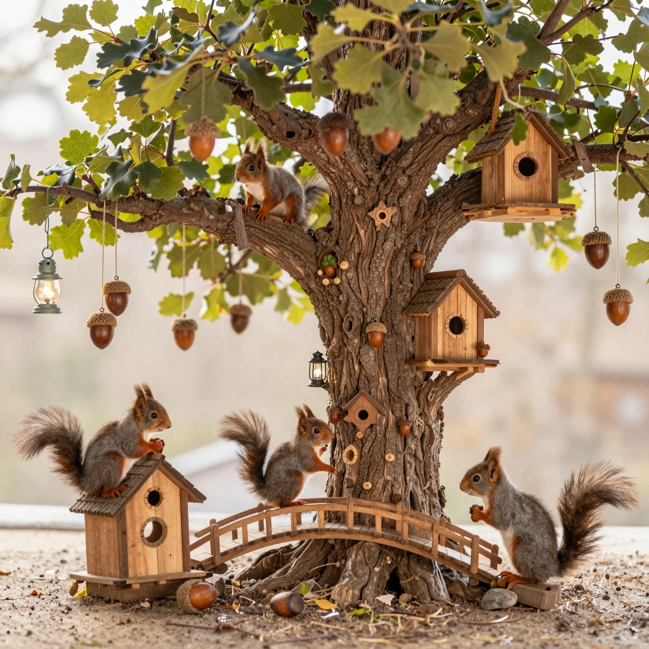 Vila mágica em miniatura de esquilos dentro de um enorme carvalho
