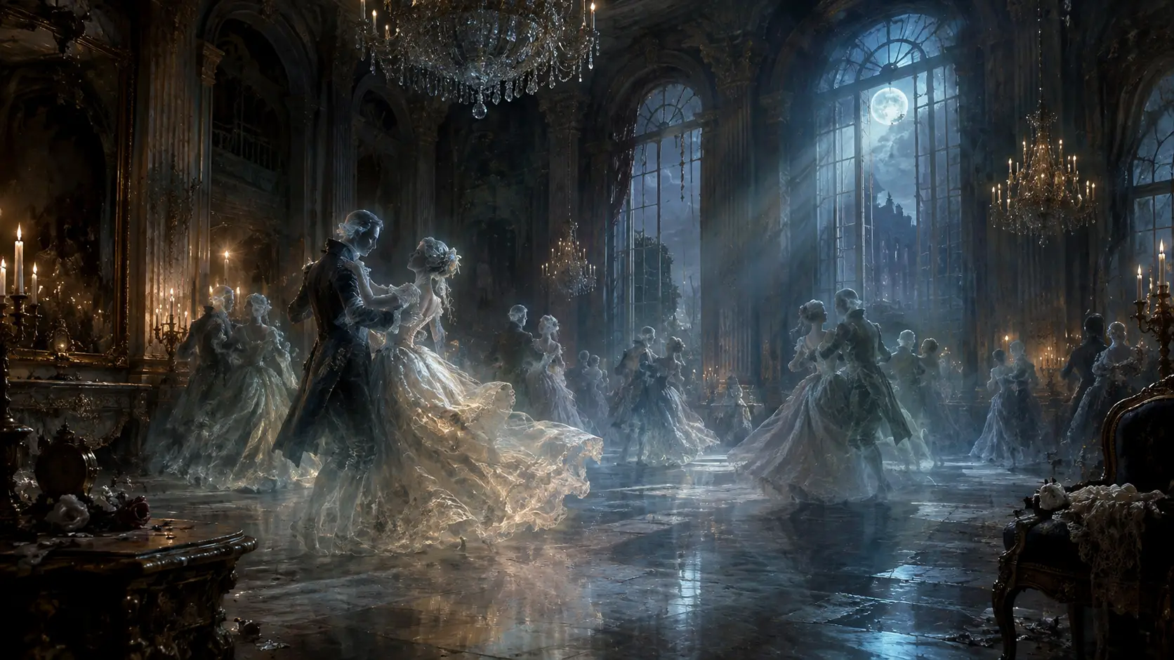 Spectral dancers glide through a forgotten moonlit ballroom