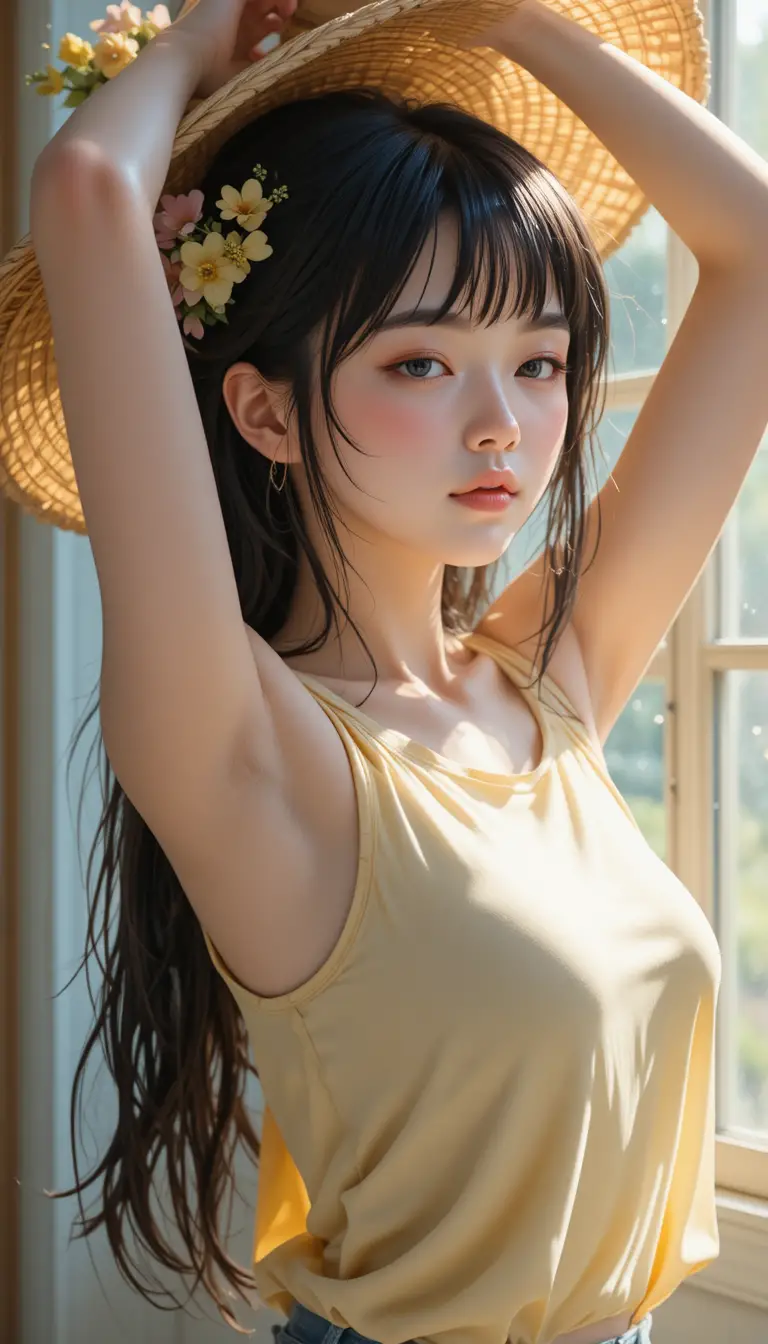Anime girl stretching by a sunlit window in soft pastels
