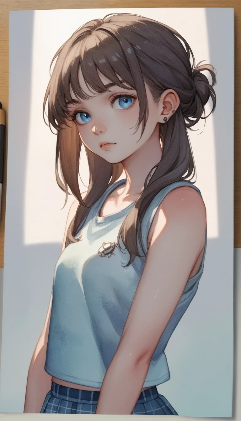Cute anime schoolgirl in close up with blue eyes