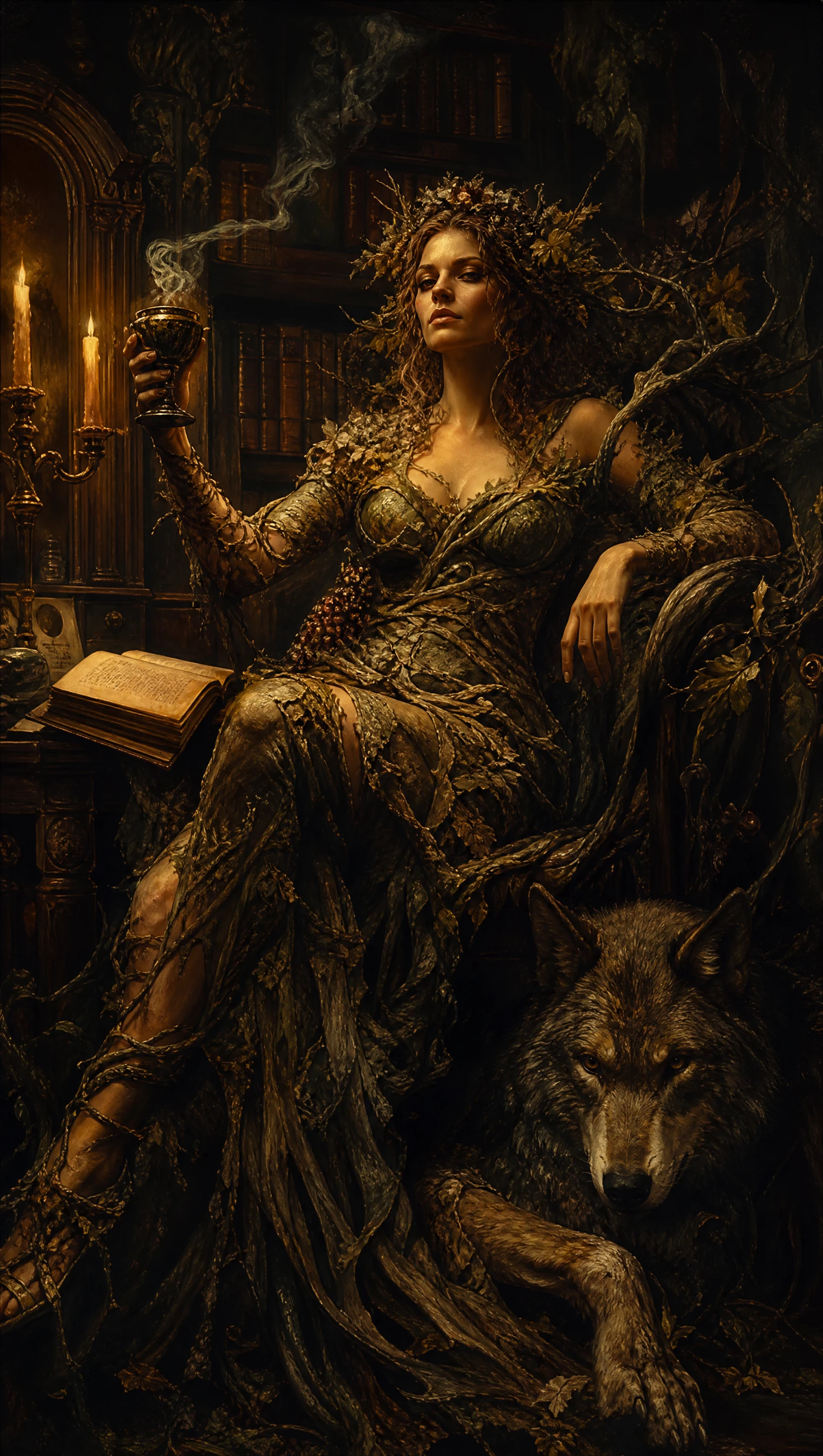 Dríade sombria em uma biblioteca de fantasia barroca iluminada por velas