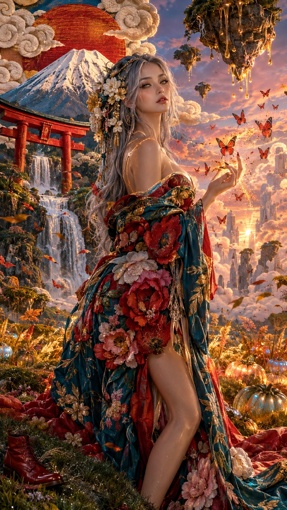 Divine shrine goddess in a living couture kimono at dusk