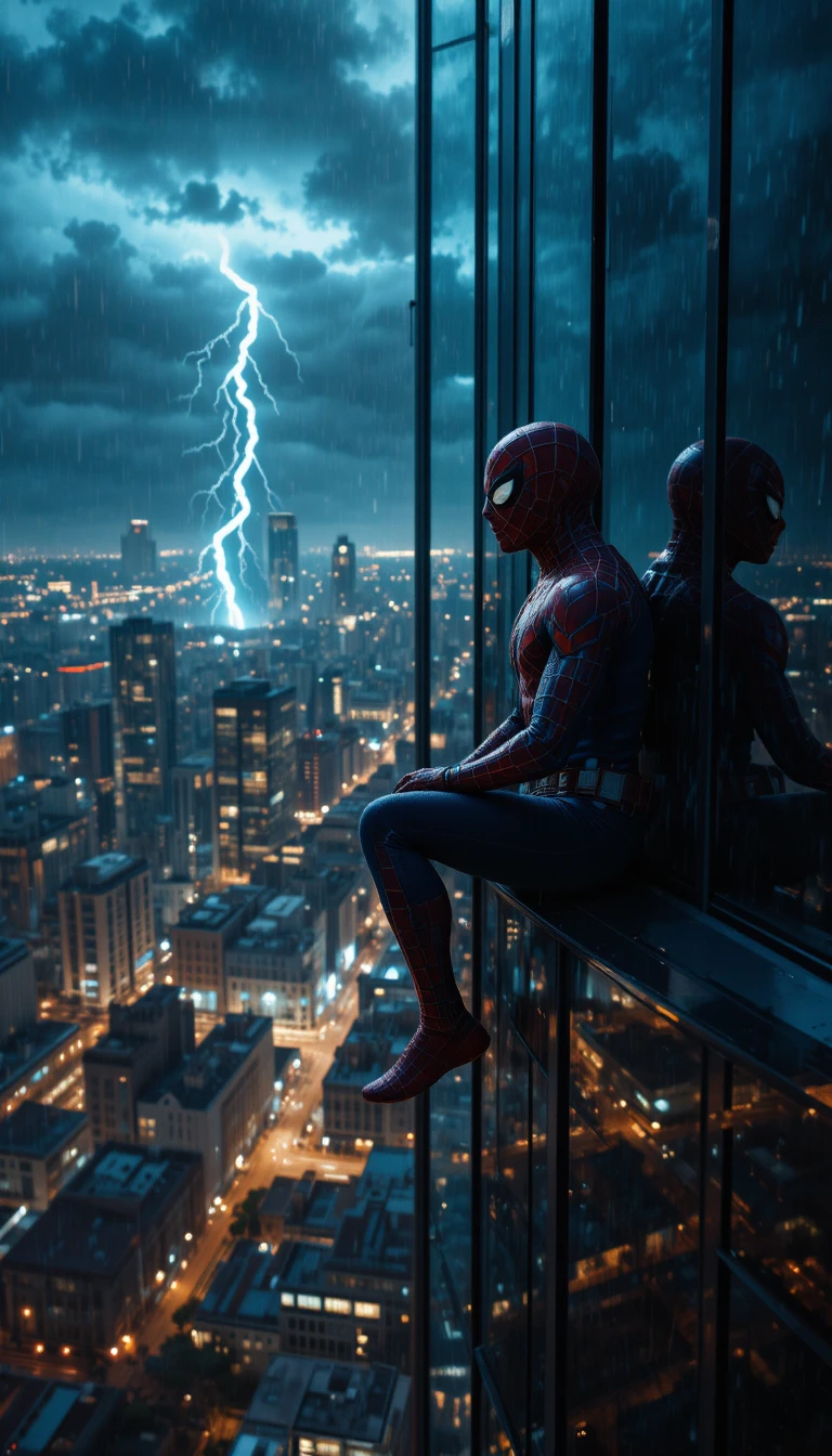 Super-herói na parede de arranha-céu de vidro em cidade neon tempestuosa