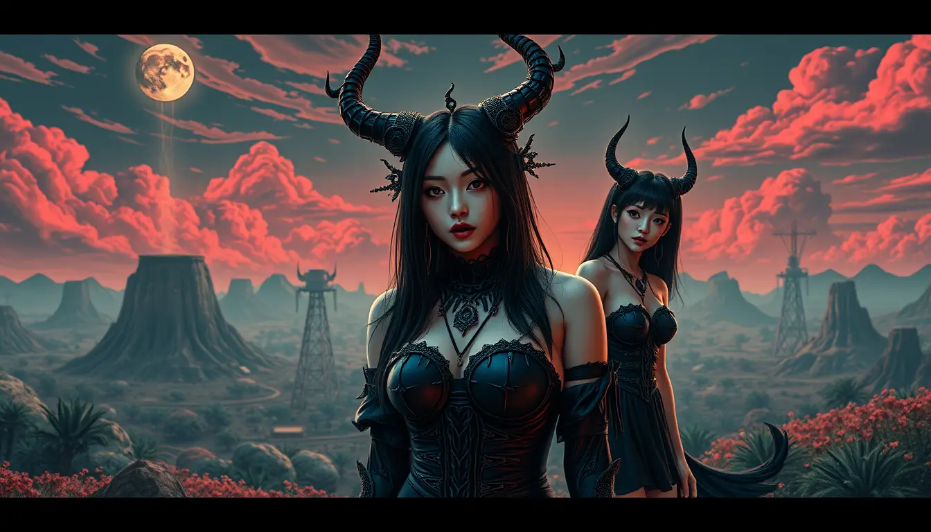 Surreal utopian landscape with a darkly comic woman