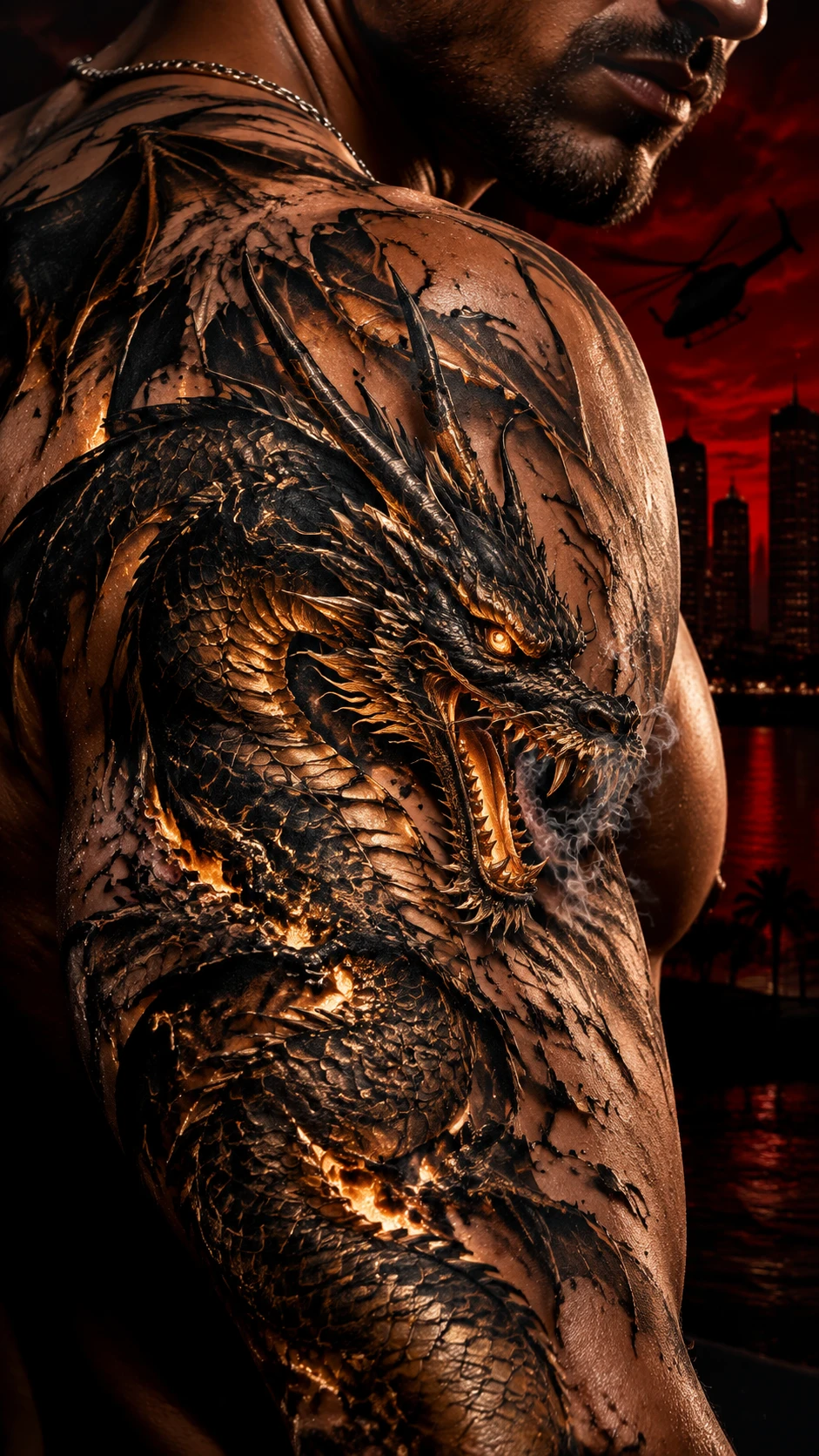 Gros plan de tatouage de dragon avec détails d’or en fusion lumineux