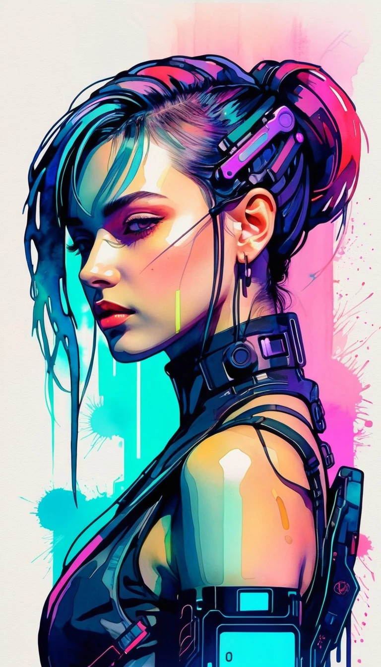 Retrato de garota cyberpunk em aquarela com cores neon suaves