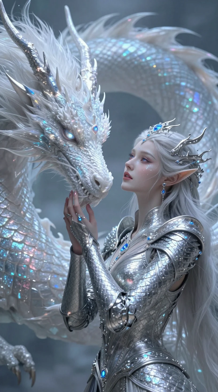 銀の鎧をまとったエルフの姫と幻想的な白いドラゴン