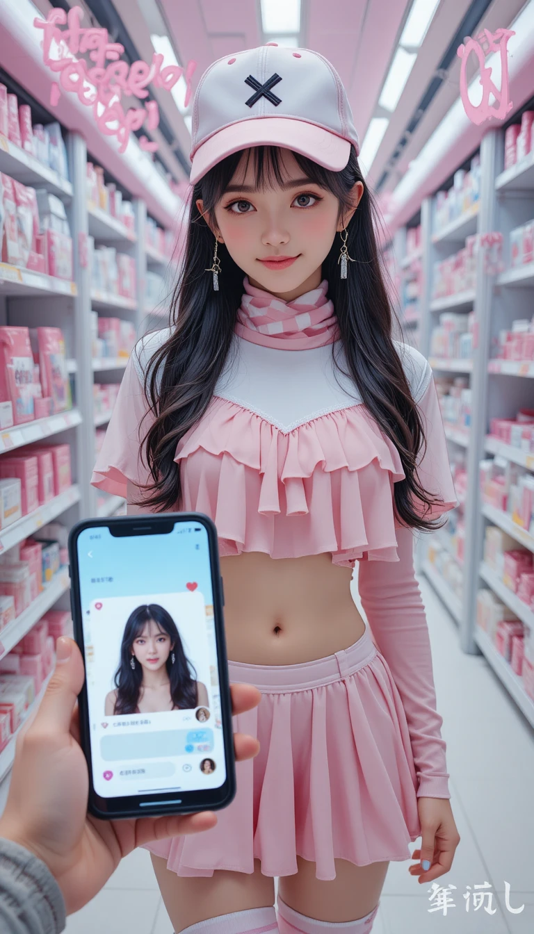 Cute anime girl in pink outfit at futuristic store
