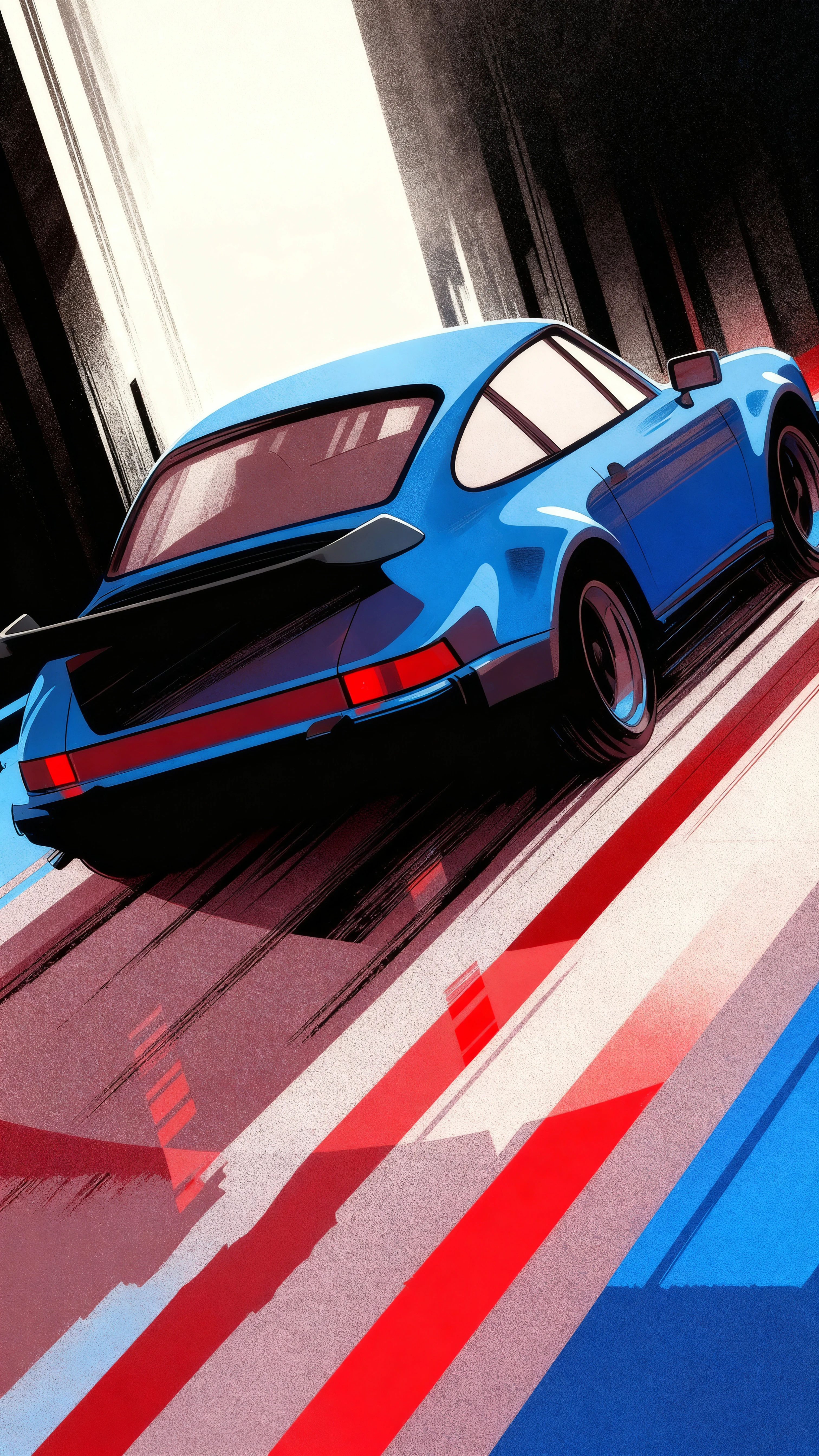 Carro esportivo azul correndo entre rastros de luz abstratos