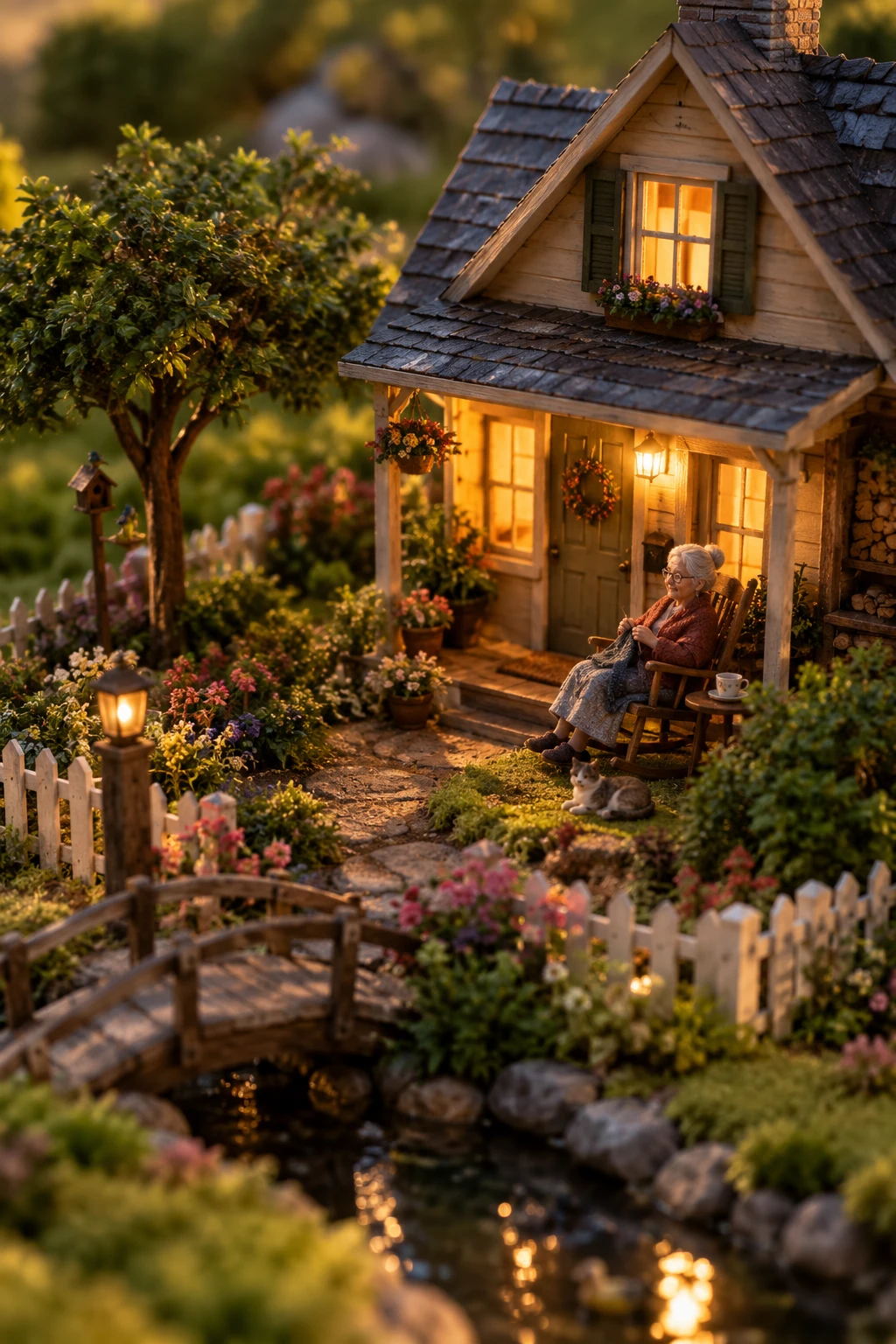 Casa em miniatura com vovó na cadeira de balanço ao ar livre
