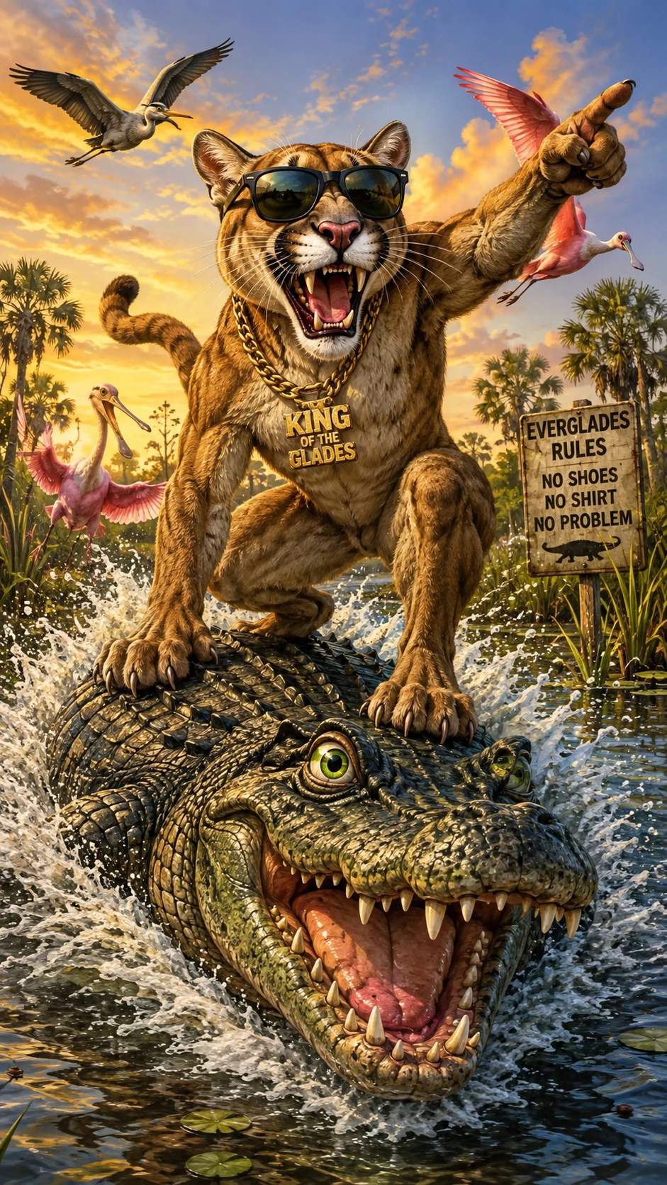 Pantera-da-Flórida surfando em um jacaré em um pântano colorido