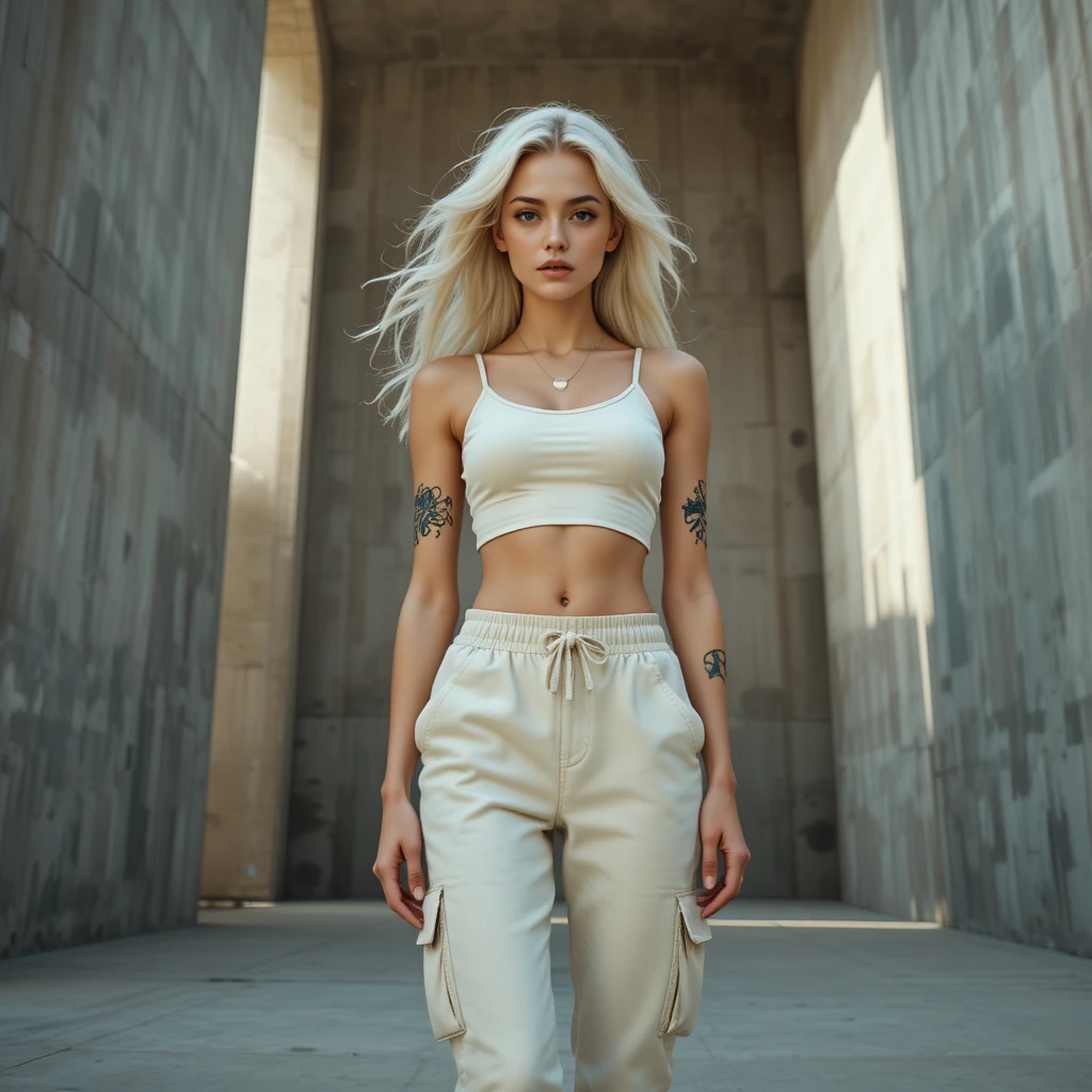Schlanke blonde Frau im cremefarbenen Outfit in brutalistischem Raum