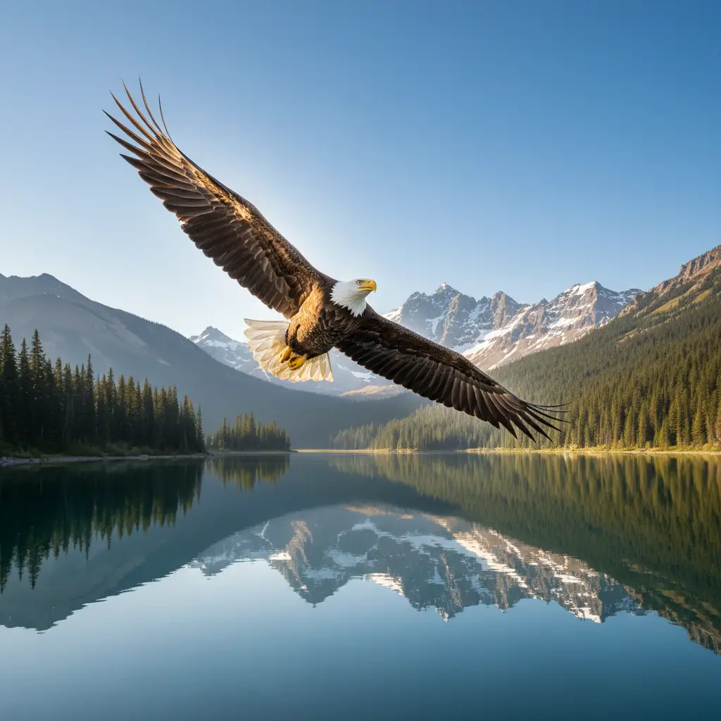 Weißkopfseeadler über einem ruhigen Bergsee