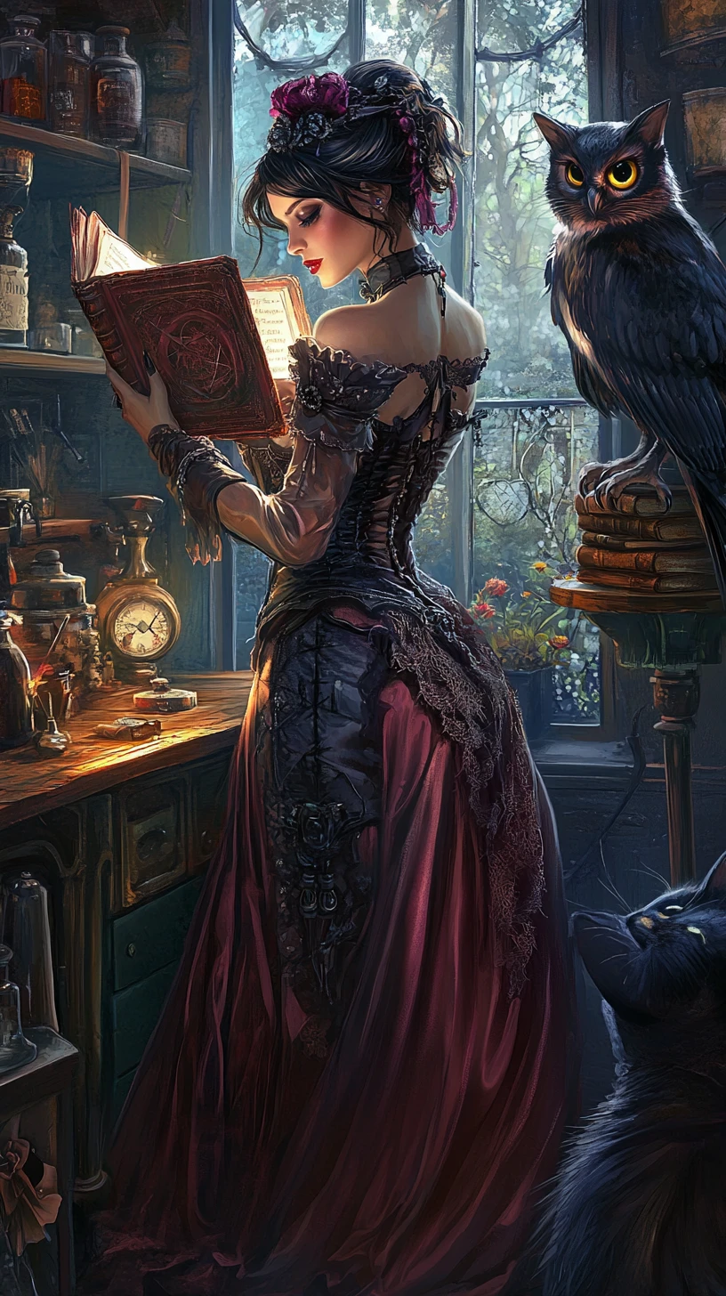 Whimsigoth woman reading a spellbook in apothecary workshop