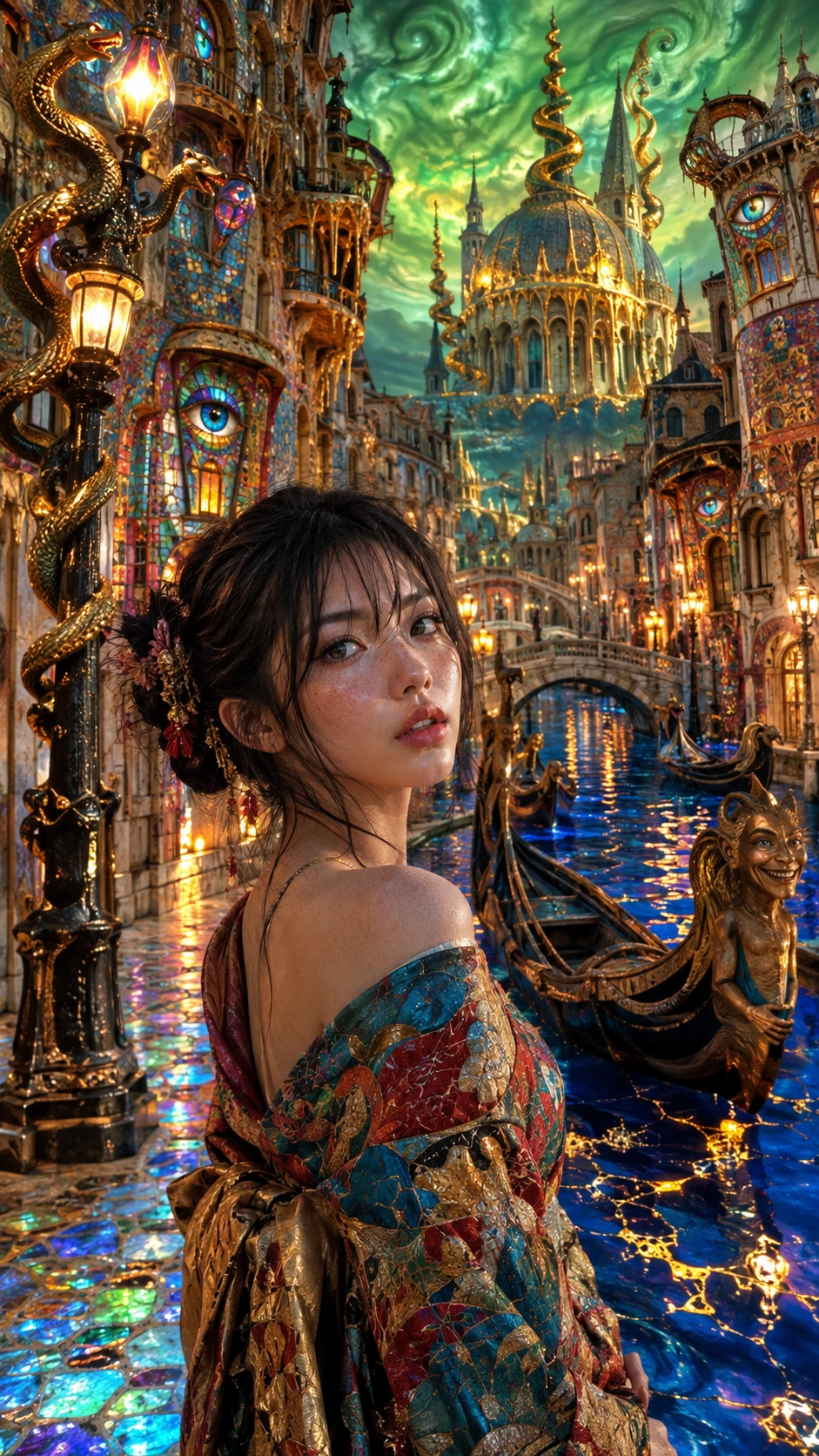 Young Japanese woman in surreal glowing canal cityscape