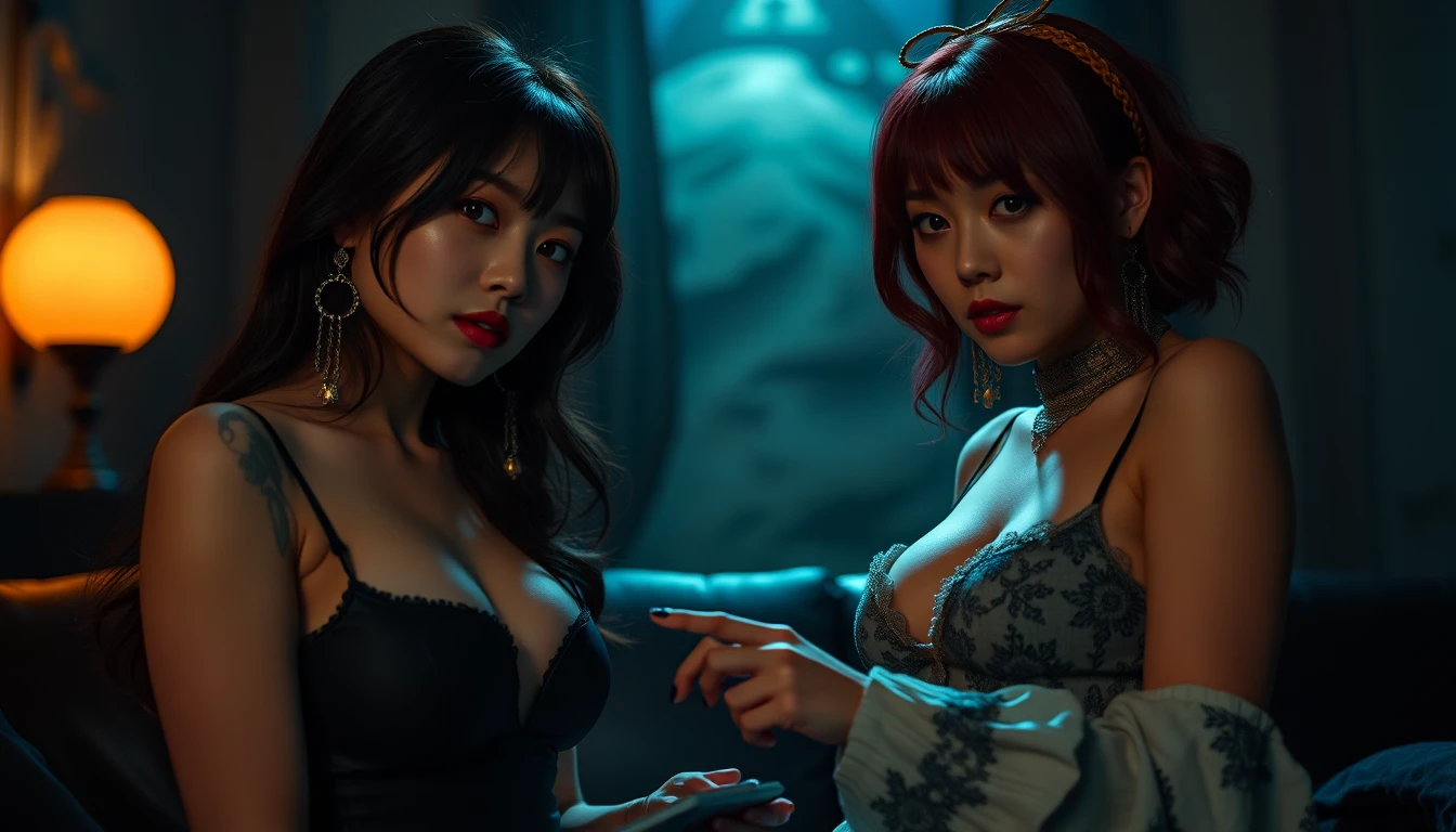 Scène de fantasy sombre et sensuelle avec deux femmes mystérieuses