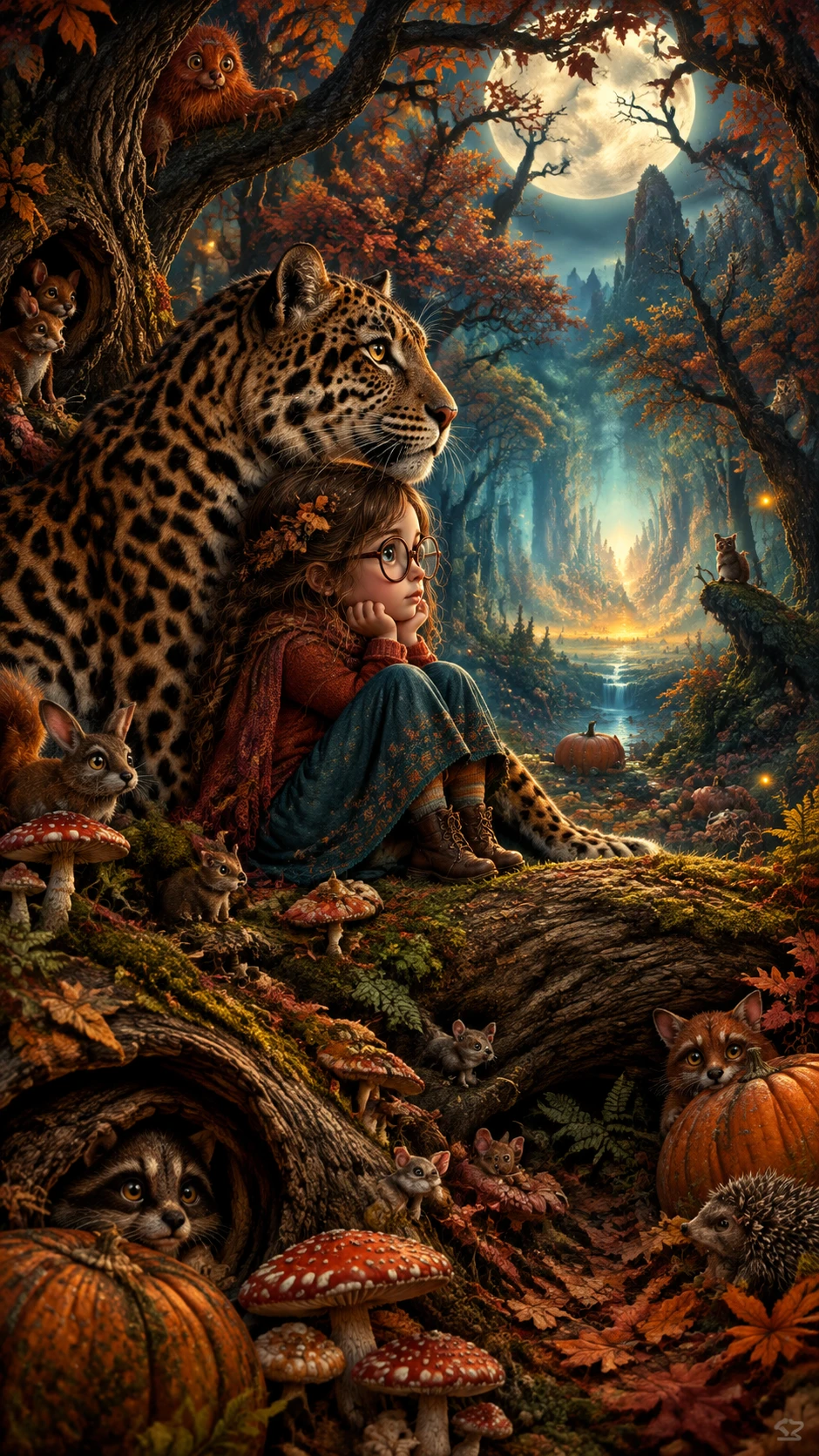 Garota e Leopardo em Clareira Encantada de Floresta de Outono