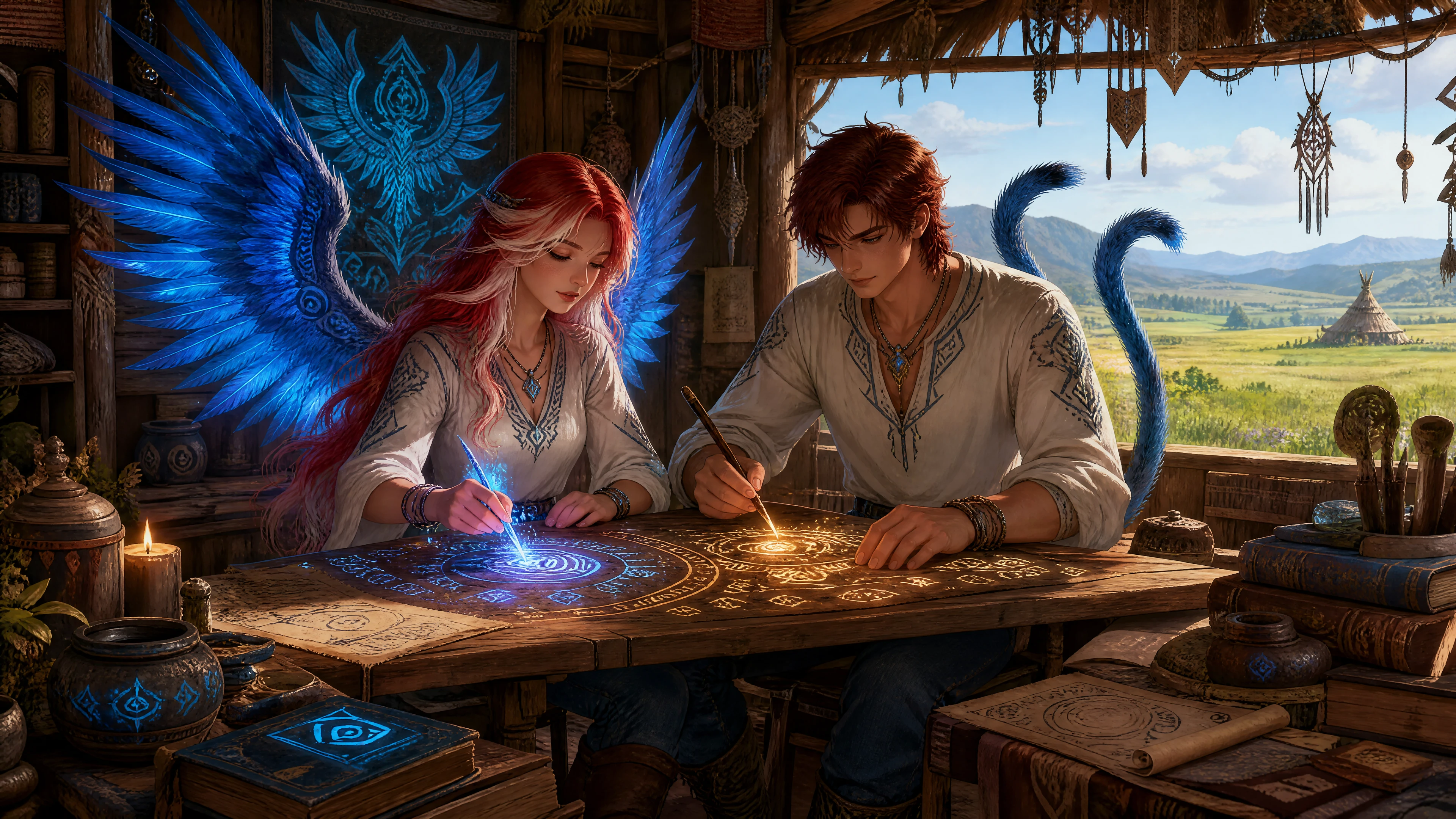 Fantasy couple drawing tribal runes in a grassland hut