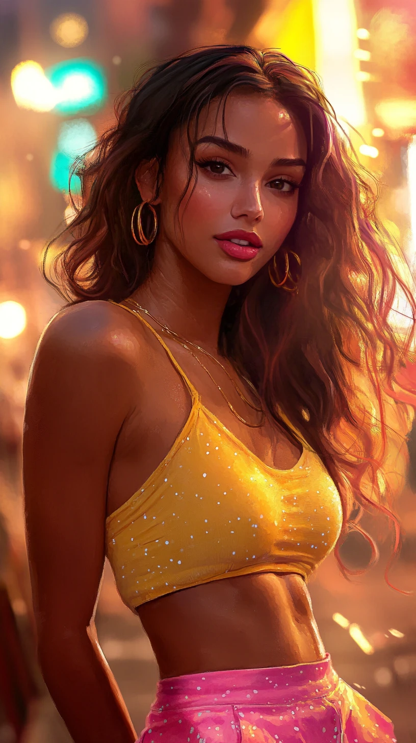 Confident young woman in colorful urban watercolor portrait
