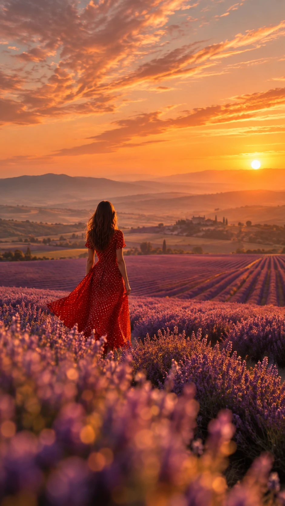 Donna in abito rosso al tramonto in un campo di lavanda