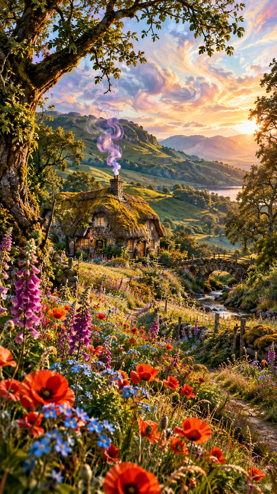 Whimsical watercolor cottage among rolling hills and flowers