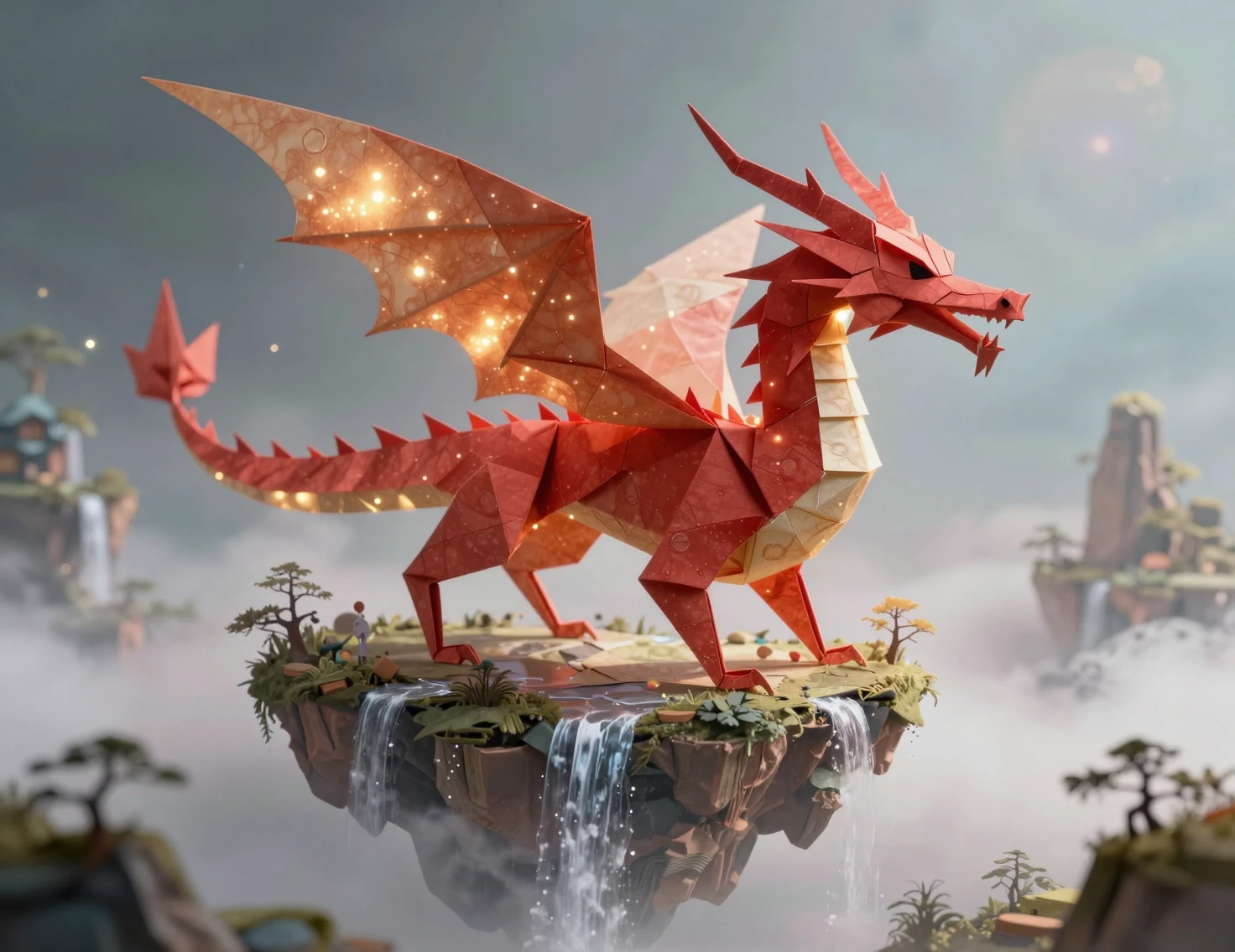 Origami Red Dragon Flying Over Mystical Floating Islands