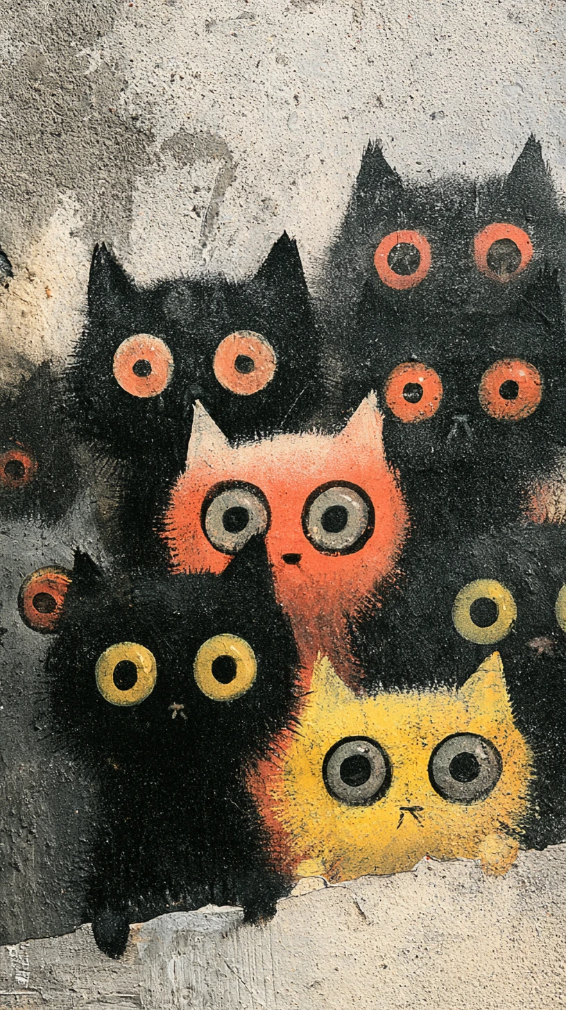 Gatos alienígenas brincalhões em uma colagem minimalista e vibrante